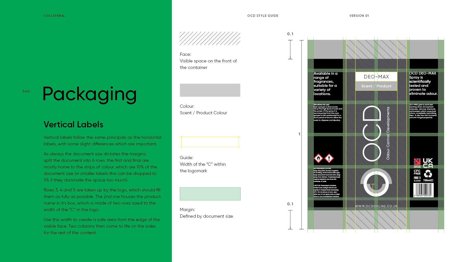 A packaging design guide for OCD brand, showing layout, labels, and safety symbols, with detailed instructions for vertical labels and color specifications.