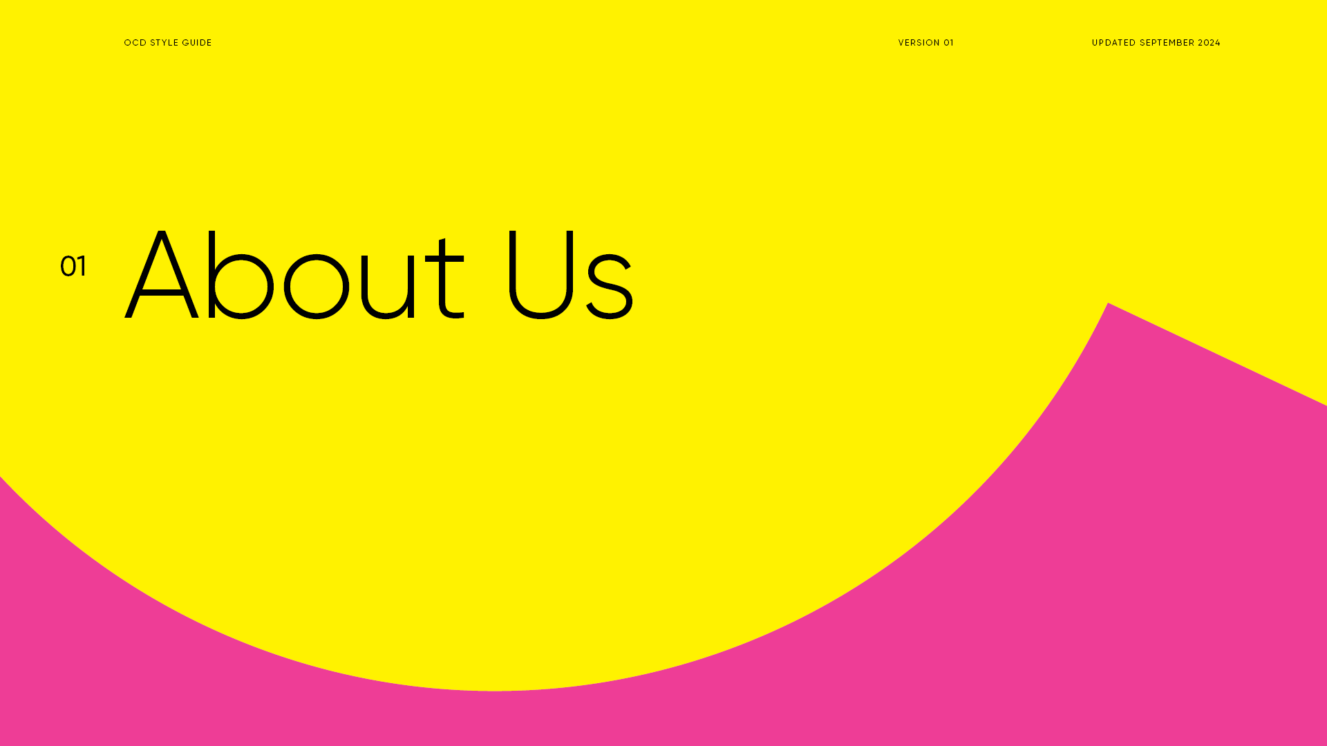 Colorful webpage with a yellow half-circle background and pink base, featuring the text 'About Us' in large black font and small text at the top indicating it is an 'OCD Style Guide,' version 01, updated September 2024.