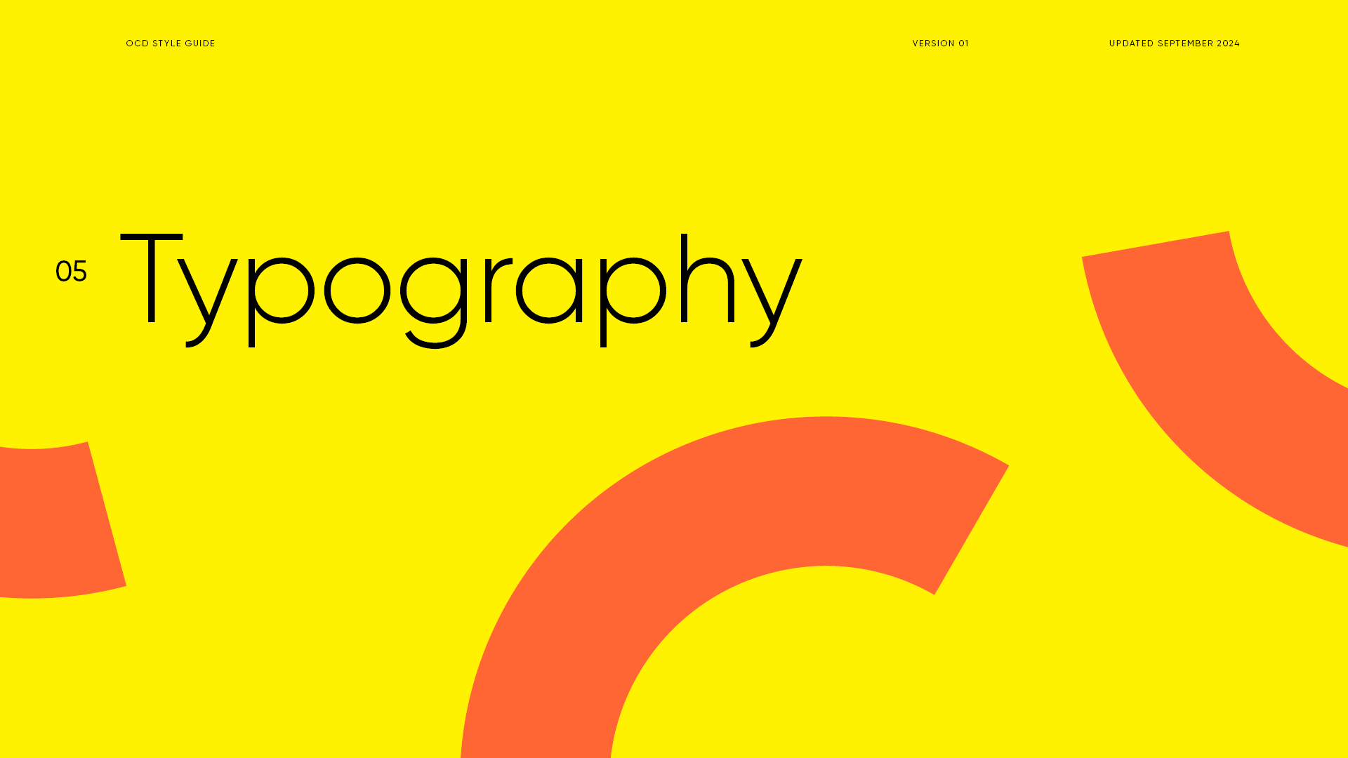 Bright yellow background with large orange curved shapes and black text reading 'Typography' and smaller text indicating 'OCD Style Guide' and version details.