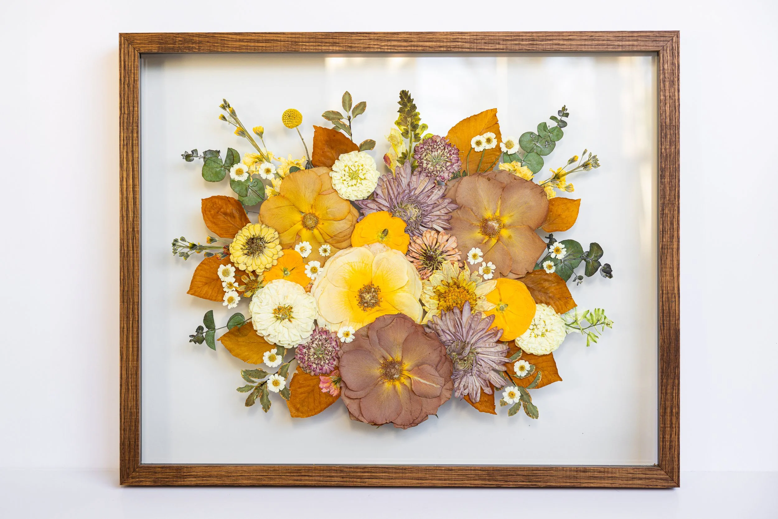 A frame full of yellow preserved flowers.
