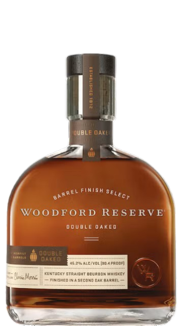 Bottle of Woodford Reserve Double Oaked Kentucky straight bourbon whiskey with amber liquid, dark brown neck wrap, and cream label