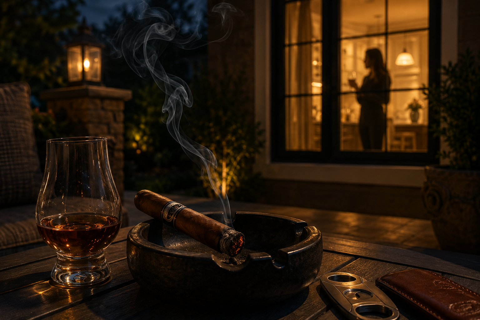 A lit cigar and glass of bourbon rest on a patio table at dusk, with the warm glow of home visible in the background.