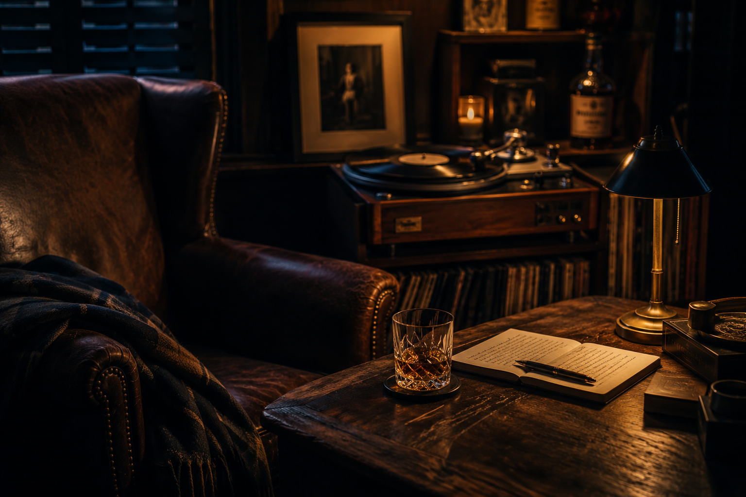 A leather armchair beside a wooden table with a glass of bourbon, open notebook, and lamp, with a record player and vinyl records in a warmly lit whiskey room.