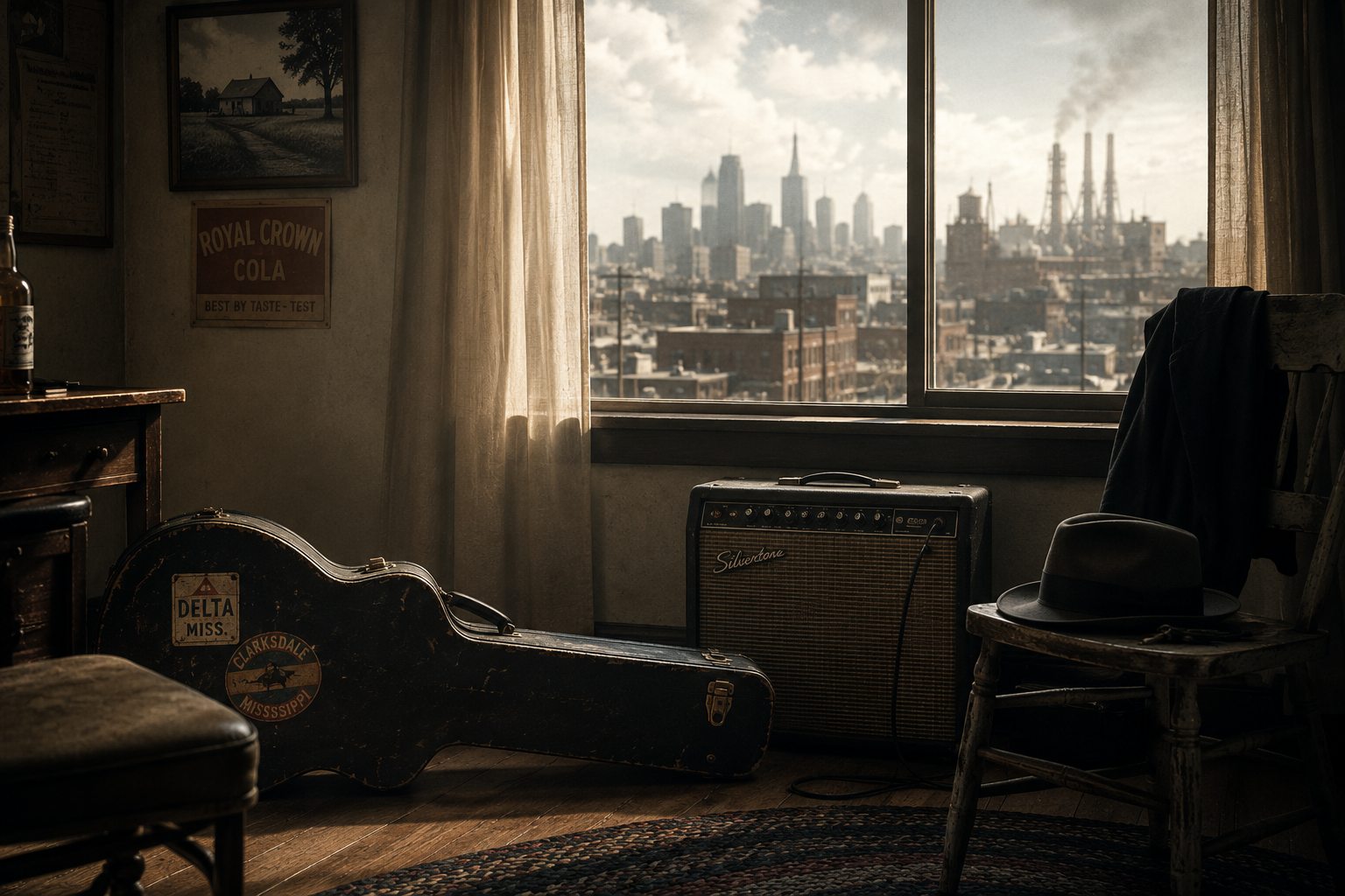 A worn guitar case and vintage amplifier sit near a window overlooking an industrial American cityscape.