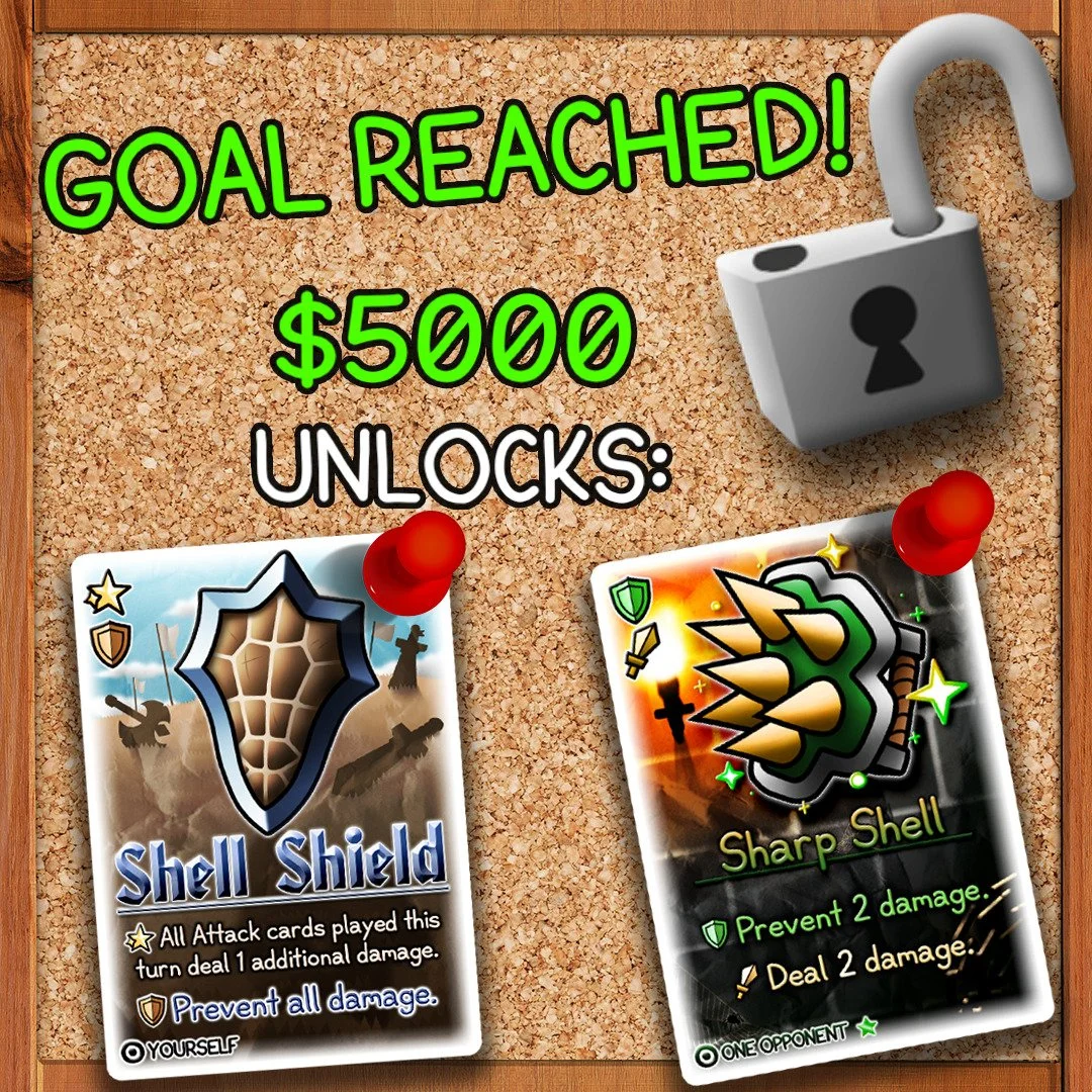 Our first stretch goal released just after the first 24 hours!
Shell Shield, The Silver Characters signature item, has been added to ALL copies of the game!
AND a Kickstarter EXCLUSIVE variant artwork of Sharp Shell has been added to all pledge tie