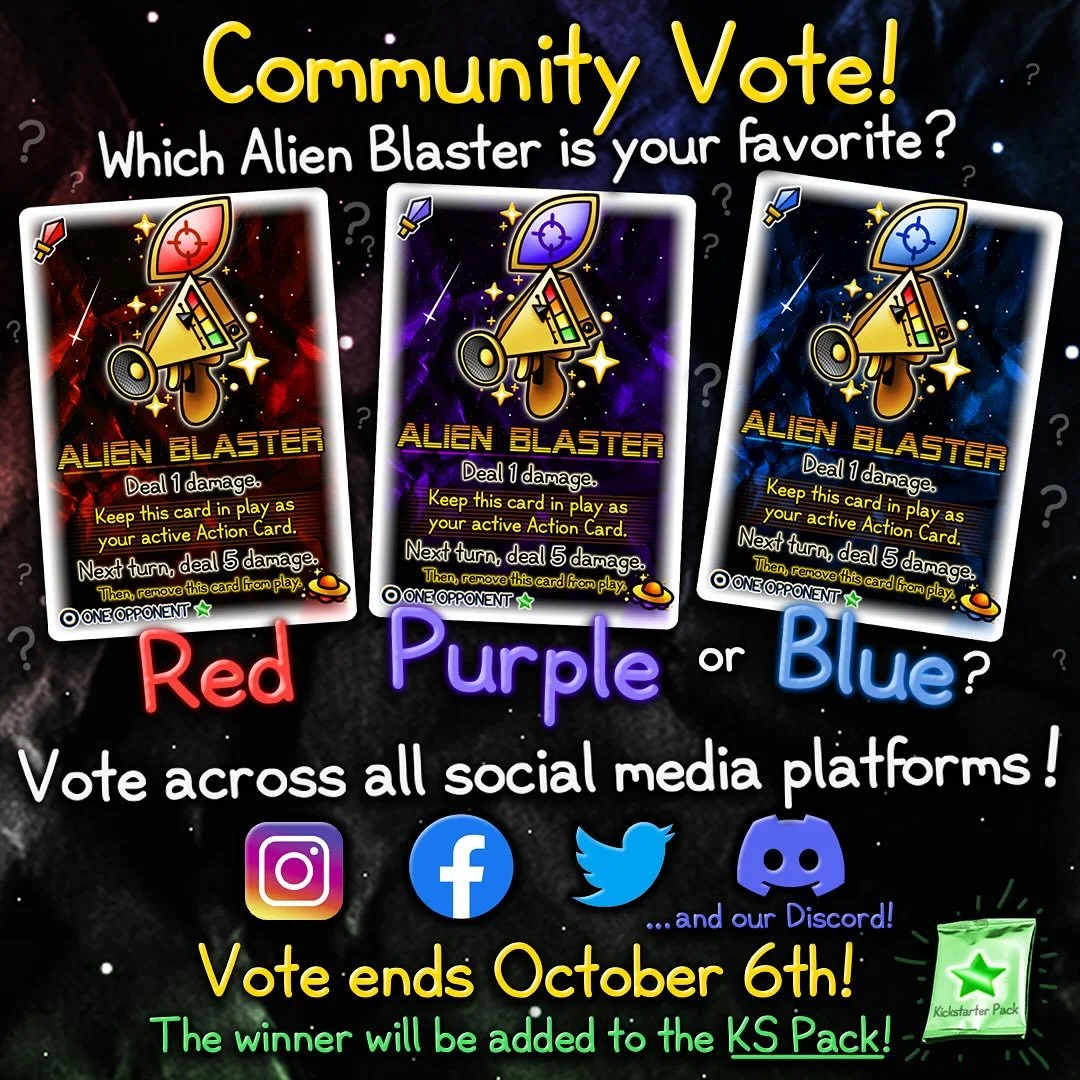 In honor of reaching the first social stretch goal, we are launching our first COMMUNITY VOTE for NOTEBOOK KNOCKOUT’S @kickstarter !
Which ALIEN BLASTER do you want to see officially become part of the Kickstarter Pack???
Vote now below!!!