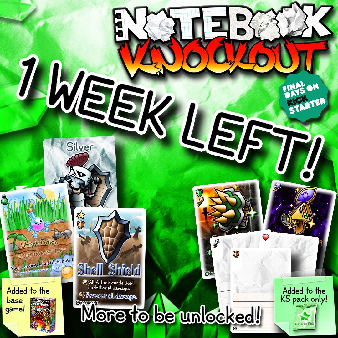 ONLY ONE WEEK REMAINS IN THE NOTEBOOK KNOCKOUT KICKSTARTER!

GET YOUR GAME WHILE YOU STILL HAVE TIME!

Everything we have unlocked so far is above, and there is still so much more to unlock! We are inches away from our next stretch goal, the BEST ONE