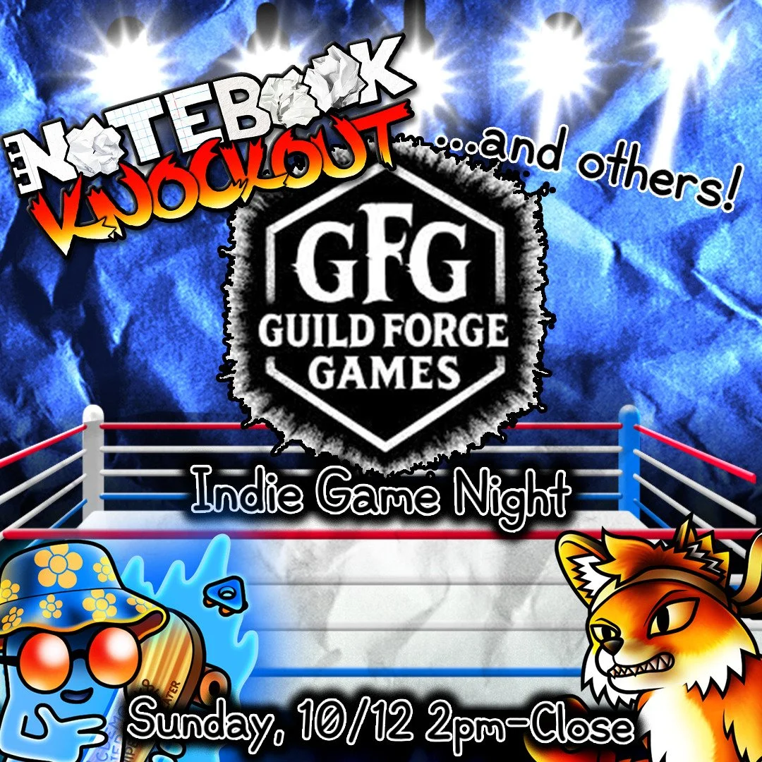 Come test your might and play some Notebook Knockout, along other Indie Games, this Sunday Night at @guildforgegames in Willoughby Hills, OH at their first ever Indie Game Night Showcase! 

Bring your friends!