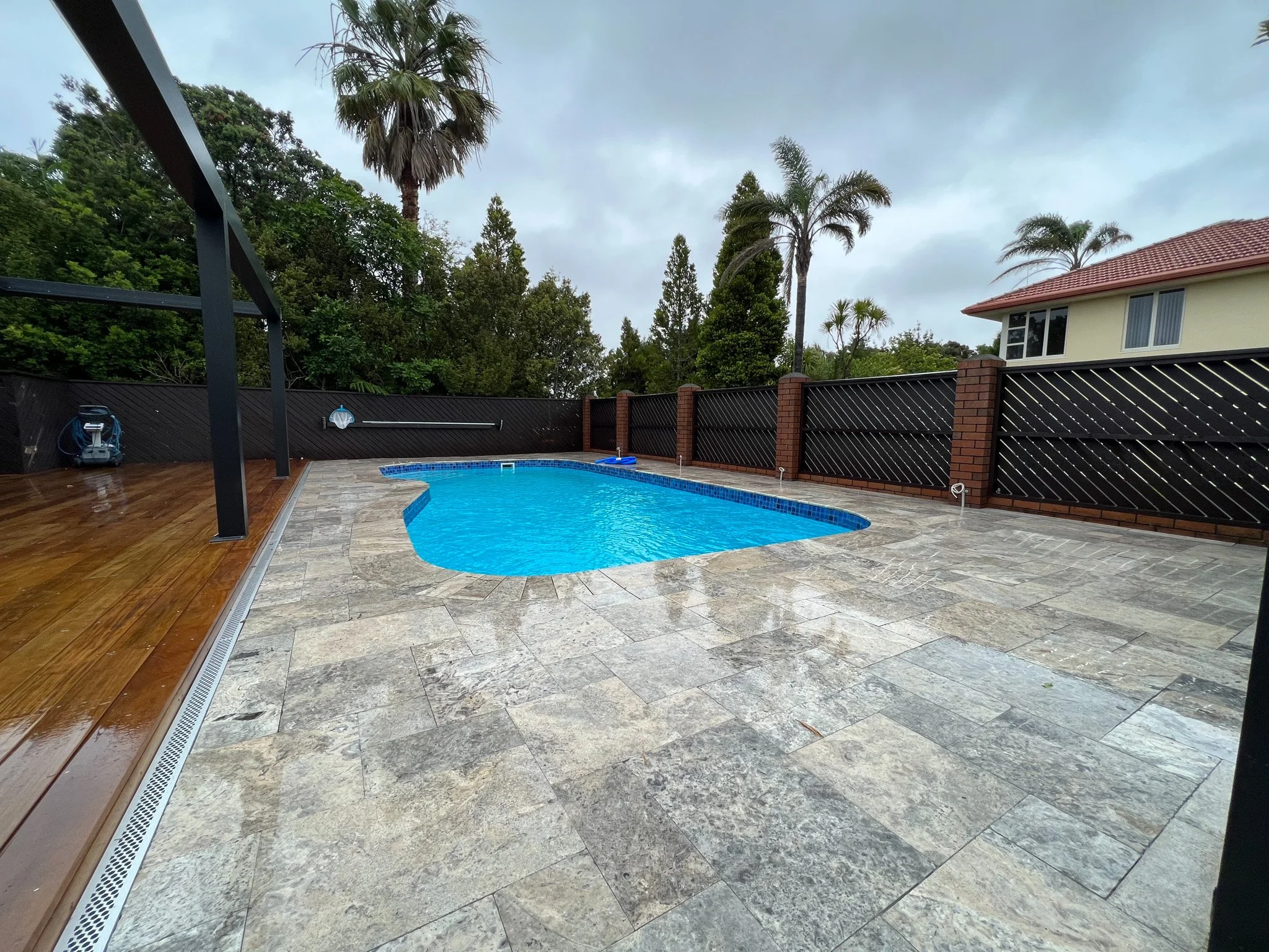 Silver Travertine Bullnose Coping with French Pattern Paving