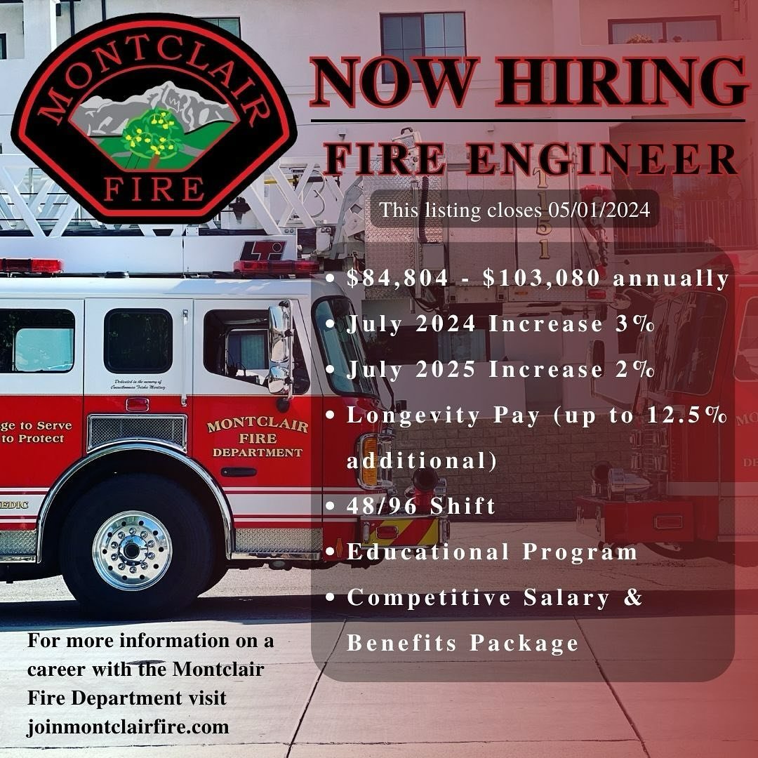 We are accepting applications for Fire Engineer until 6:00 pm on May 1, 2024. Apply now to join a growing Fire Department with plentiful career opportunities. 

Check job posting for requirements. 

Link in bio to apply.

#montclair #mymontclair #mon