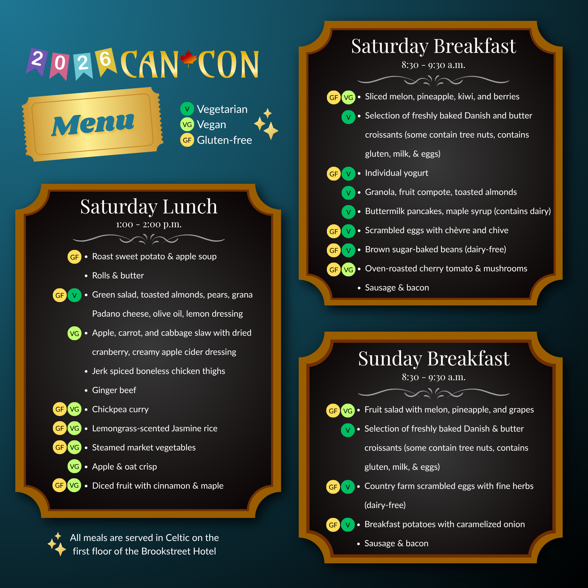 Infographic listing the menu for the meal pass. The Brookstreet offers a variety of food options for all three weekend meals, including many that are vegan, vegetarian, and gluten free.