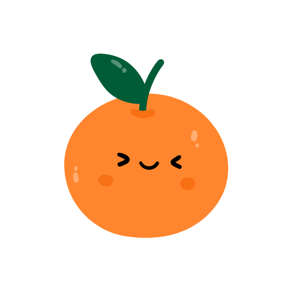Cute animated orange with a smiling face, blushing cheeks, and a green leaf on top.