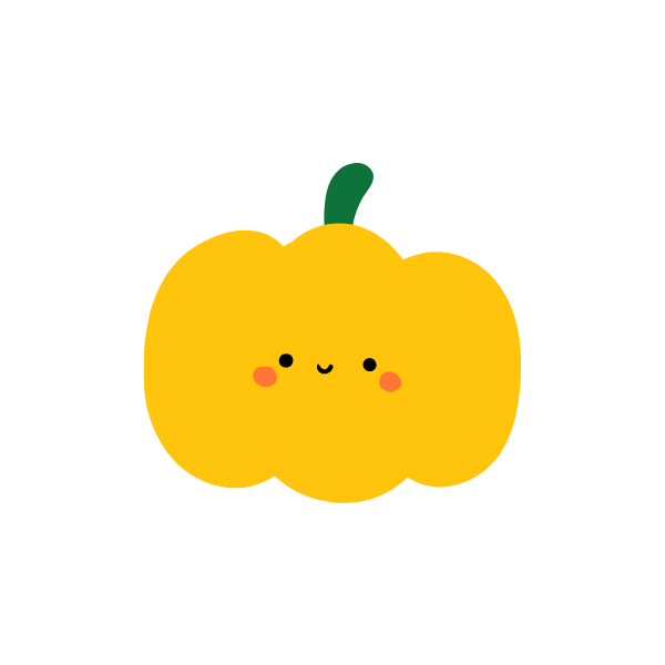 A cute, cartoon yellow pumpkin with a small green stem, a smiling face, and rosy cheeks.