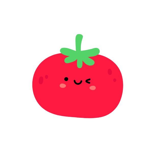 Cute cartoon strawberry with a smiling face, winking eye, and green leaves on top of its head.