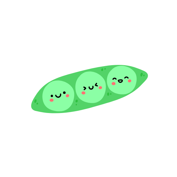 Cartoon illustration of a green pea pod with three smiling peas with faces.