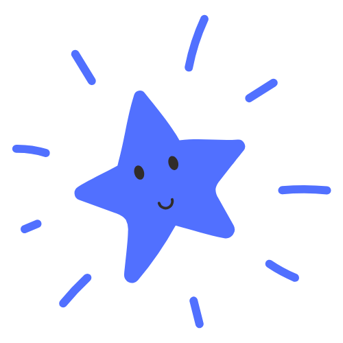 A cartoon blue star with eyes and a smiling mouth, surrounded by lines indicating sparkle or shine.