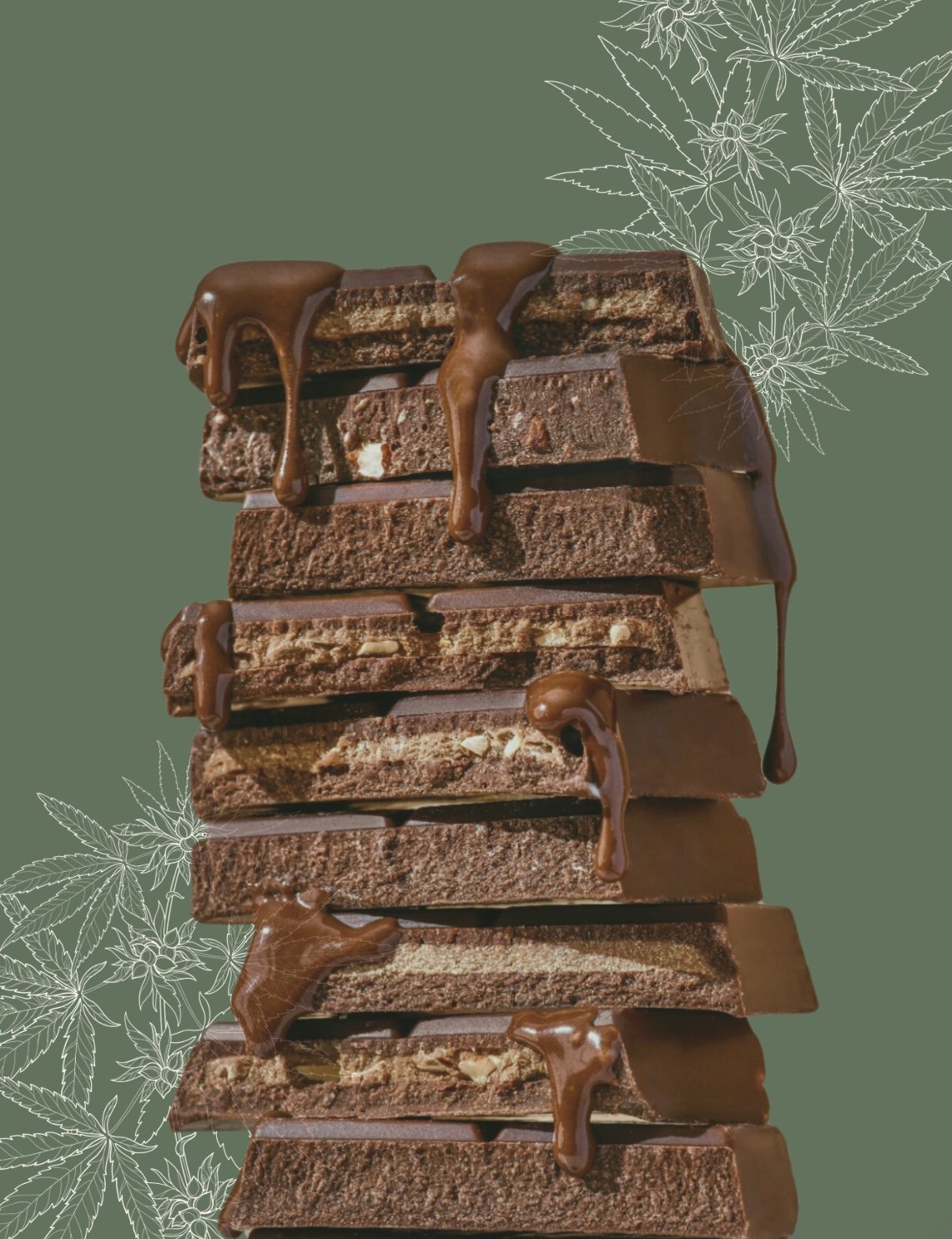 Stack of chocolate bars with melted chocolate dripping, against a green background with cannabis leaf illustrations.