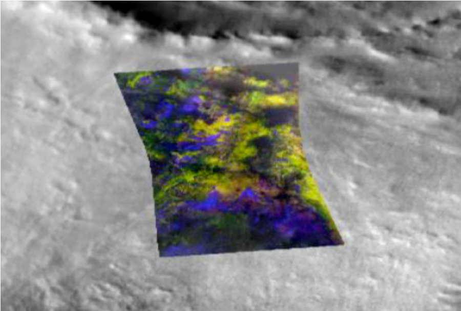 A false color image taken by the CRISM camera on the Mars Reconnaissance Orbiter showing minerals in Jezero Crater