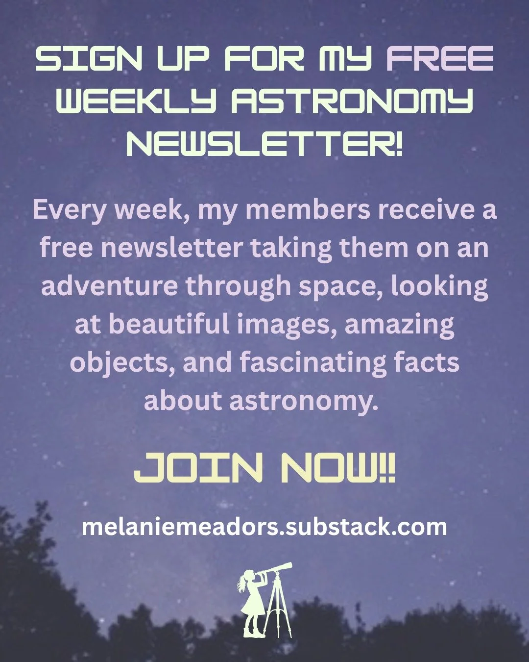 I'm really excited to share my reformatted newsletter with you all! Starting next week, subscribers will receive more space, more stars, more astronomy, and more space exploration--all for free! Sign up and don't miss a thing!! #substack #newsletter 