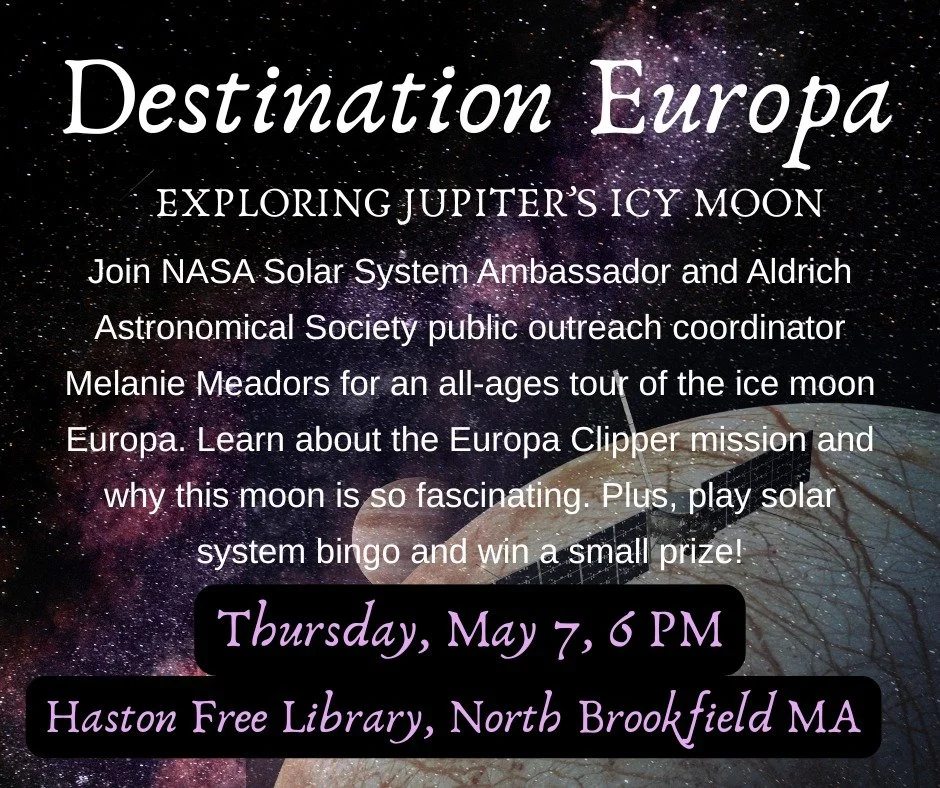 Are you in the North Brookfield, MA area? Do you love space? I'm coming to the @hastonfreepubliclibrary on May 7 at 6PM to talk about Jupiter's icy moon Europa and #NASA's Europa Clipper mission!! Plus there will be solar system bingo, so don't miss 