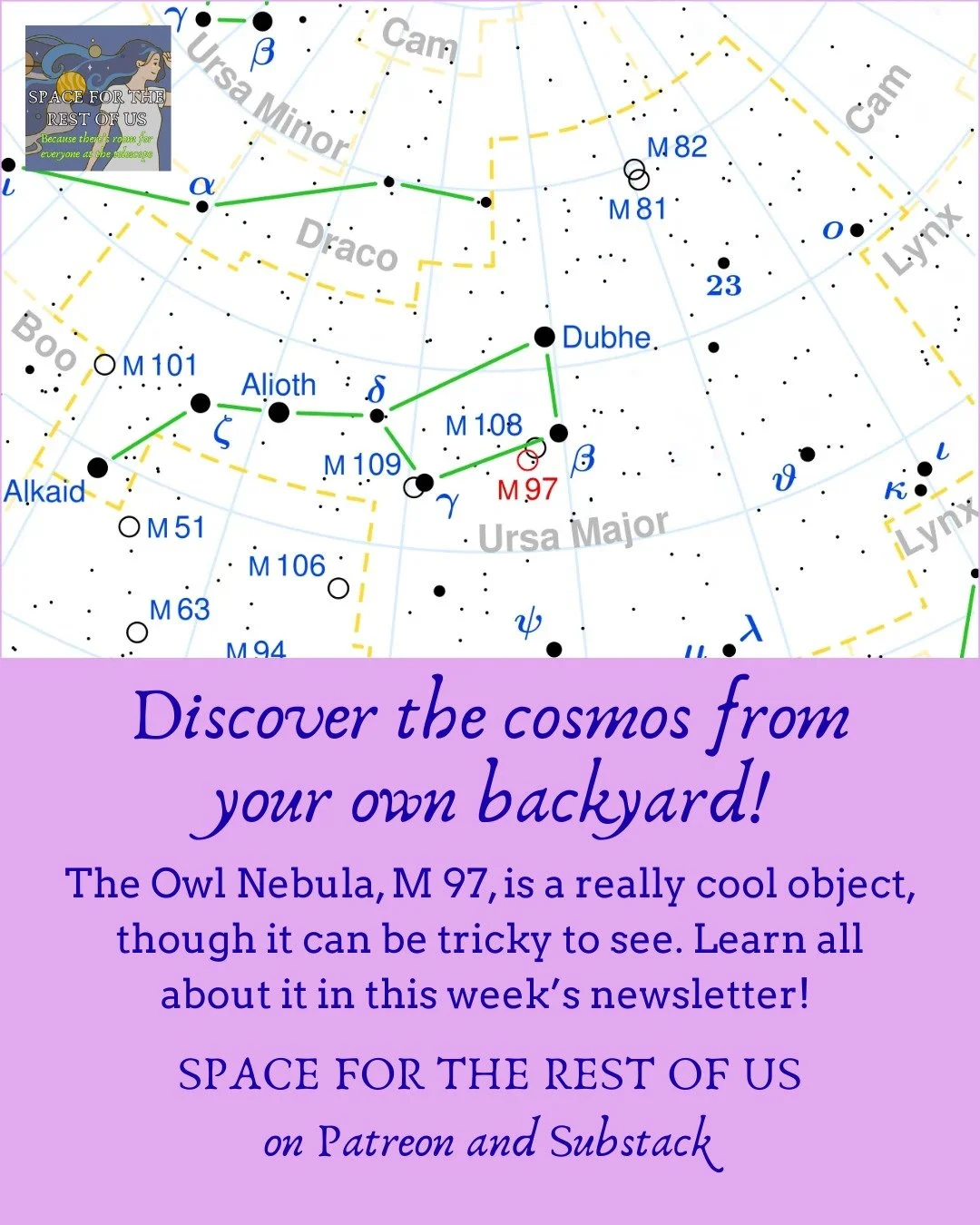 M 97 can be a little tough to see, but it&rsquo;s worth it! Learn more in my article! https://spacefortherestofus.substack.com/p/the-owl-nebula-m-97
