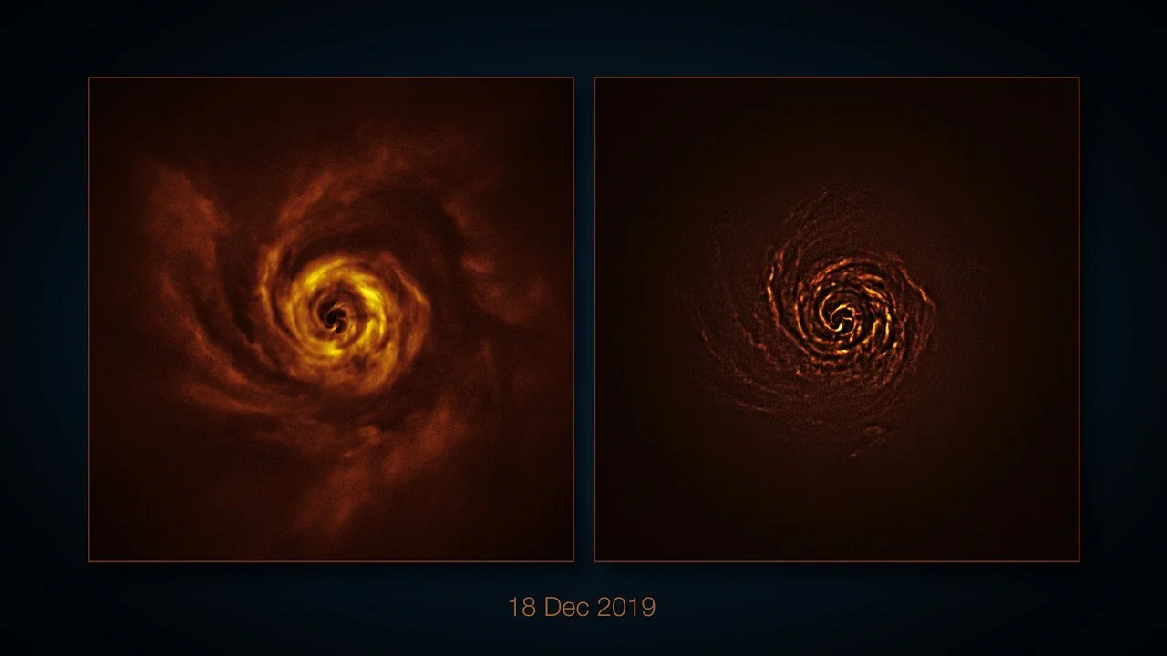 Some of you may have seen this image floating around your social media last week. It looks kind of like a galaxy, but it's not! It's just one snapshot of a four year cycle of photographing a proto-planetary system--in other words, a baby solar system