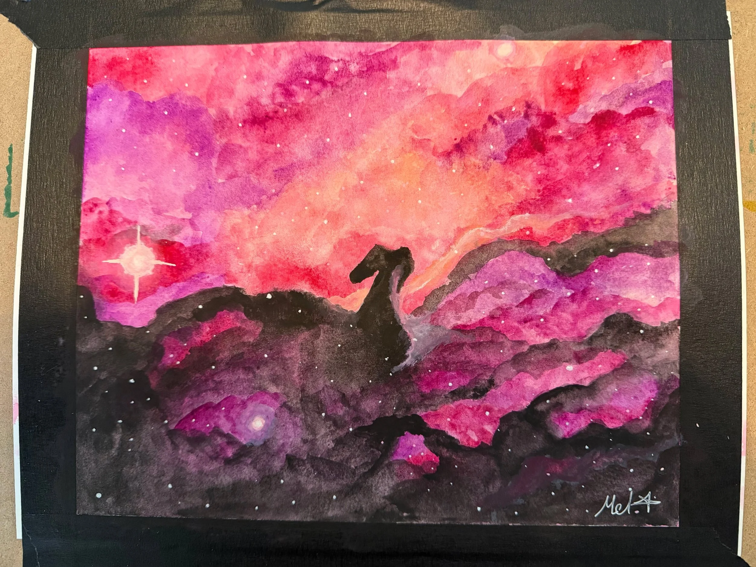 Horsehead Nebula in watercolor. I'll be selling this at the Winter Holiday Market at the Worcester Mercantile Center at the end of November/early December.