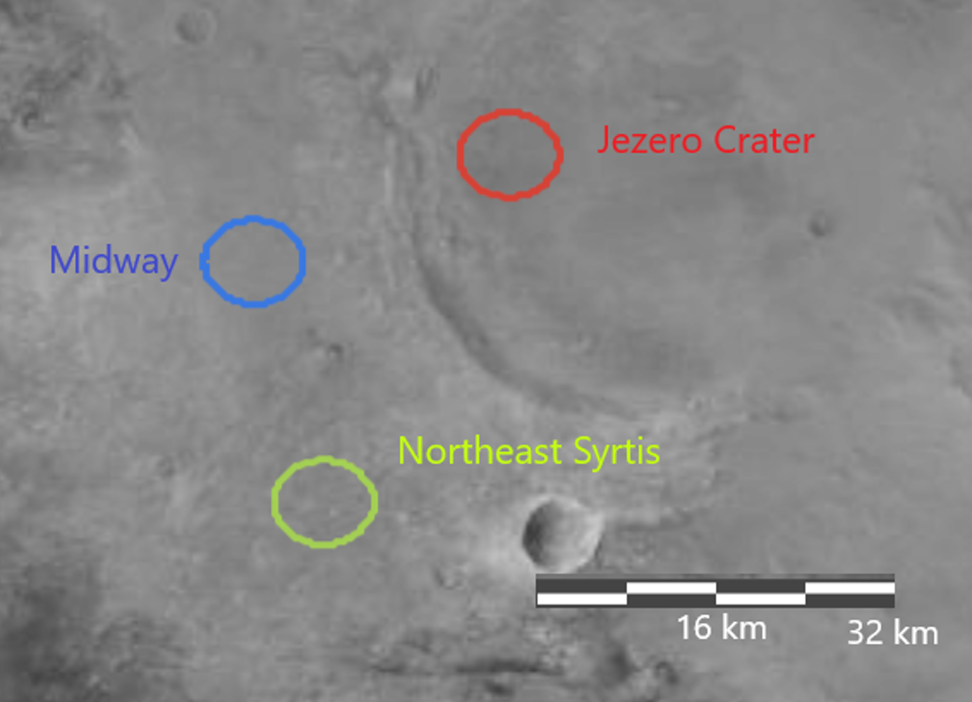 Map of three potential landing sites for the Mars Perseverance Rover