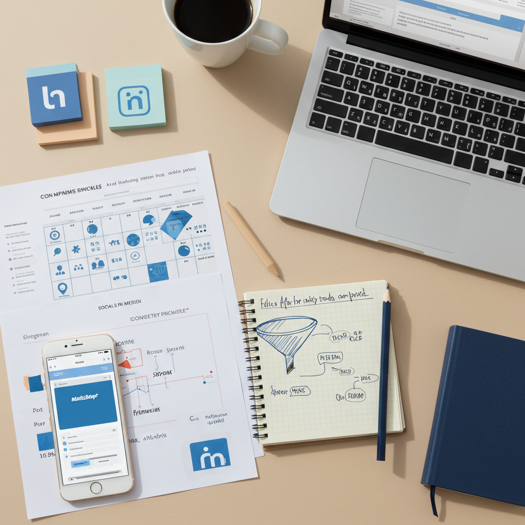 Workspace with a laptop, a coffee mug, sticky notes, a printed infographic, a smartphone, a notebook with sketches, and a blue hardcover book on a beige desk.