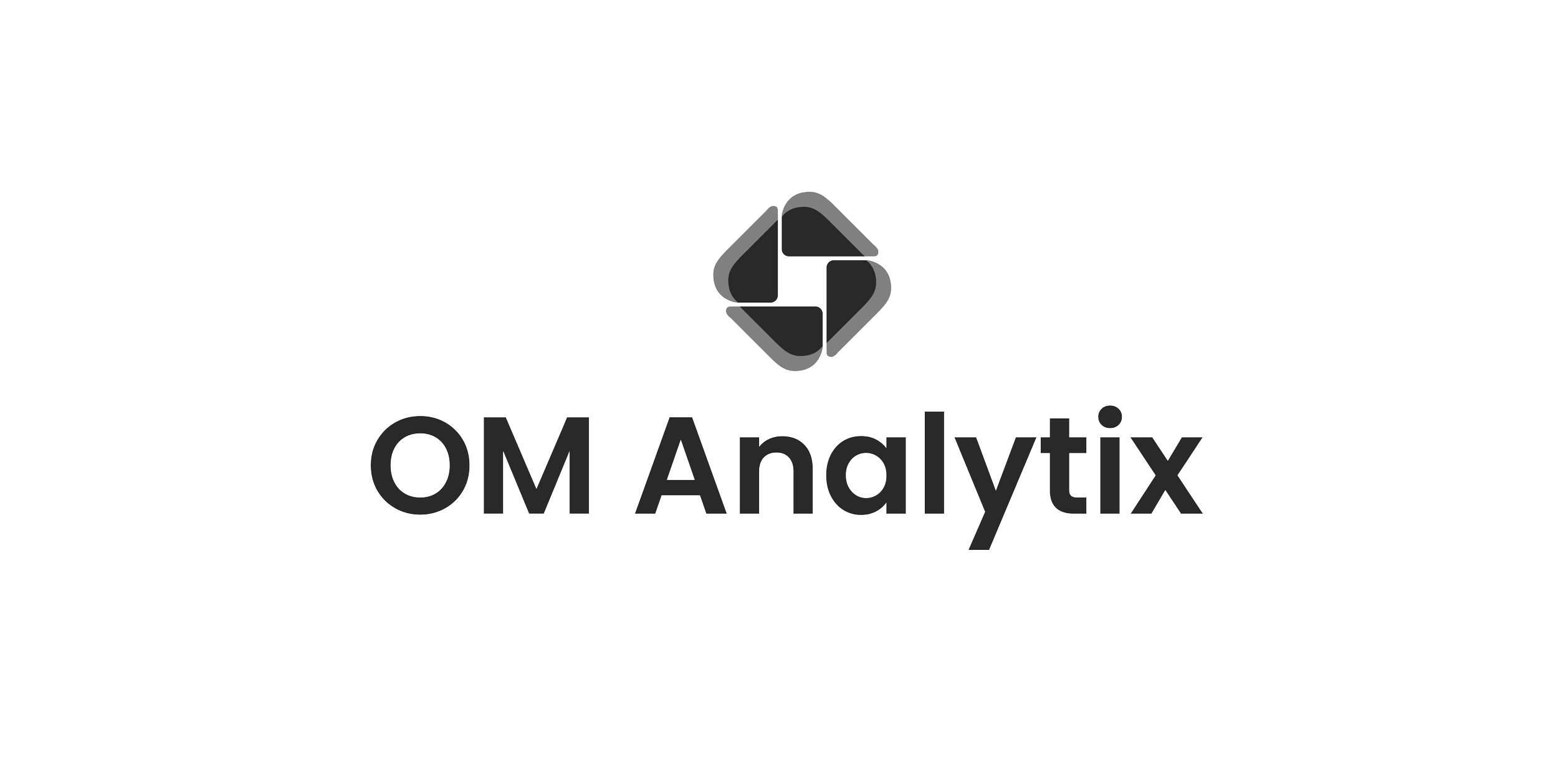Logo of OM Analytix with a geometric symbol above the name in bold black text.