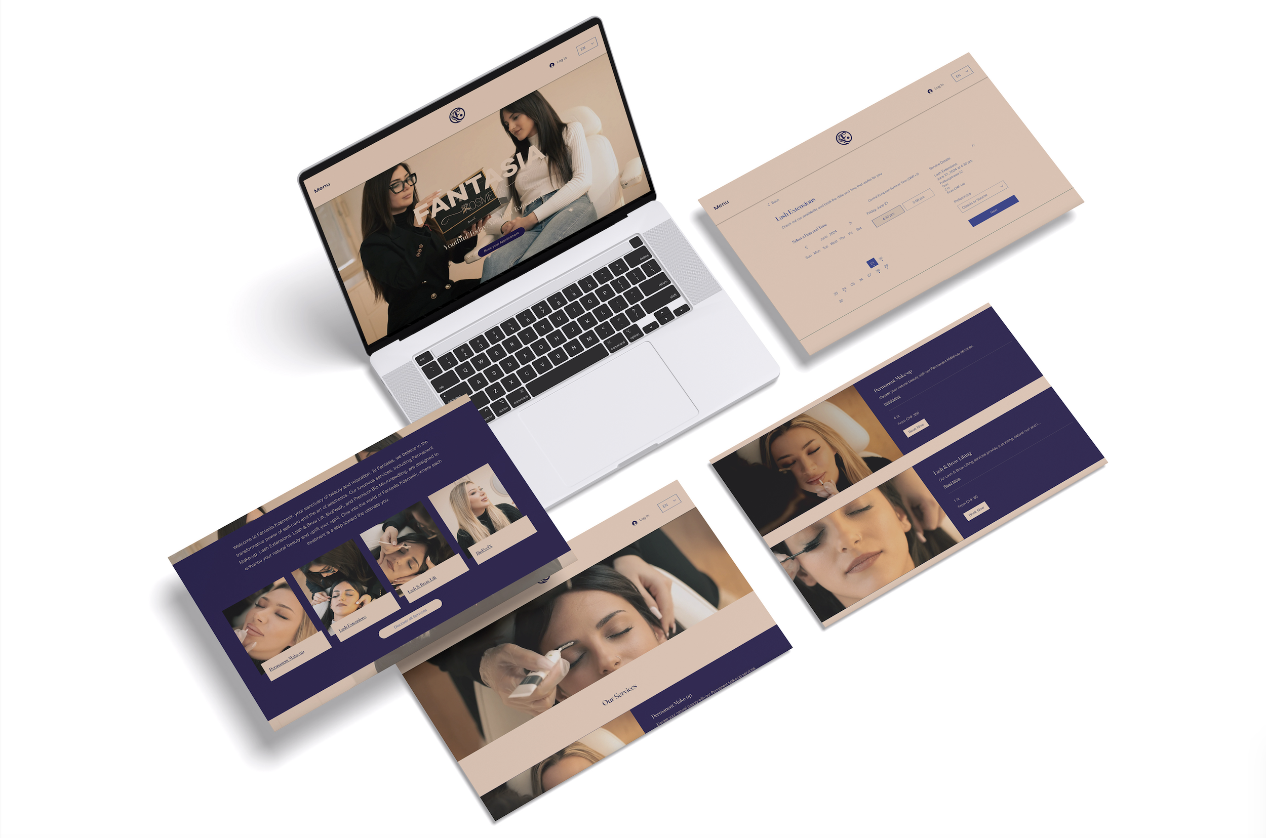 Laptop and beauty website screenshots showcasing salon services with images of makeup and skincare treatments.