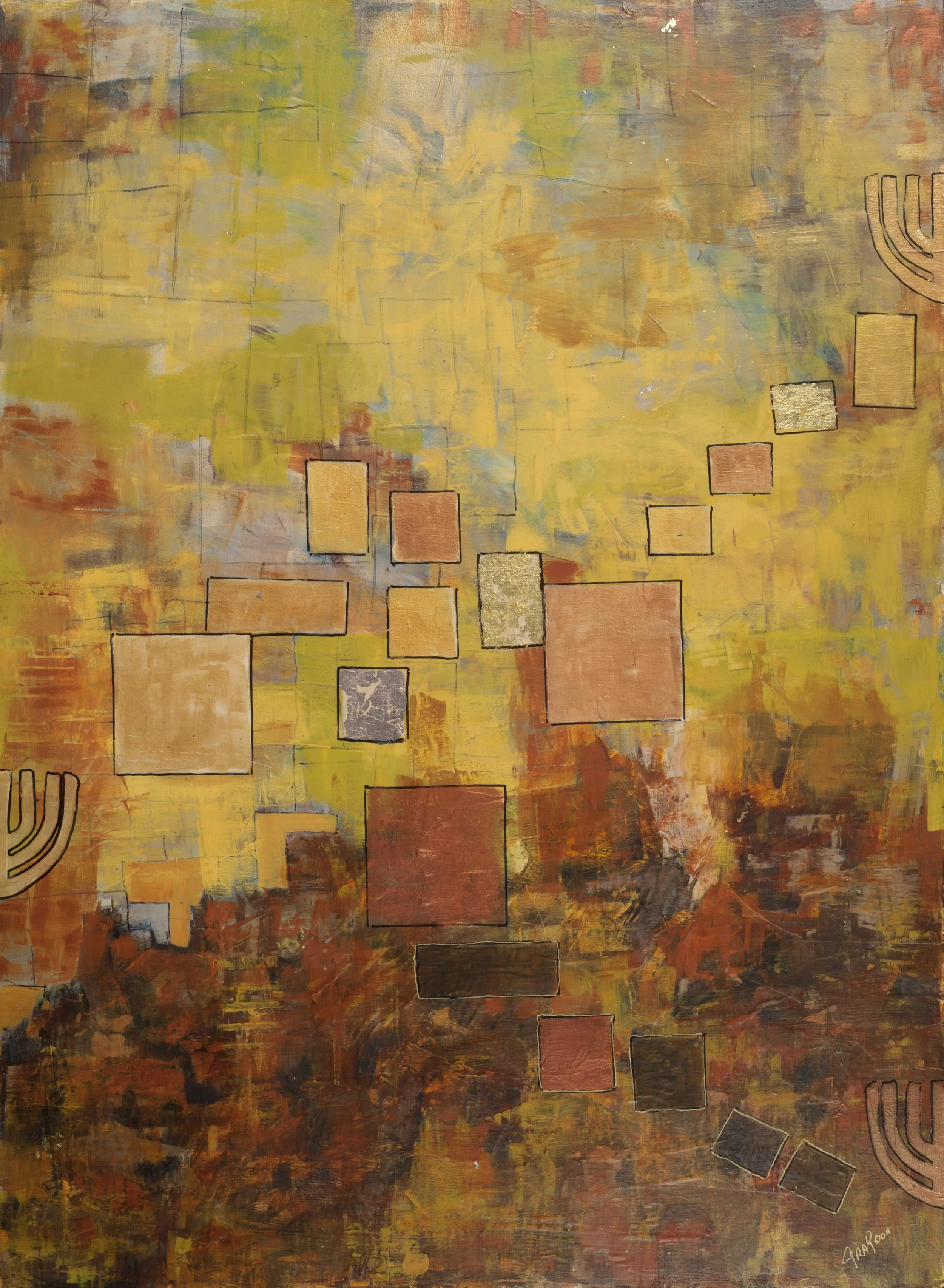 Samuel Goldenberg and Schmuyle
Acrylic, ink, gold leaf and rust on wooden cradle panel; 40" x 30"