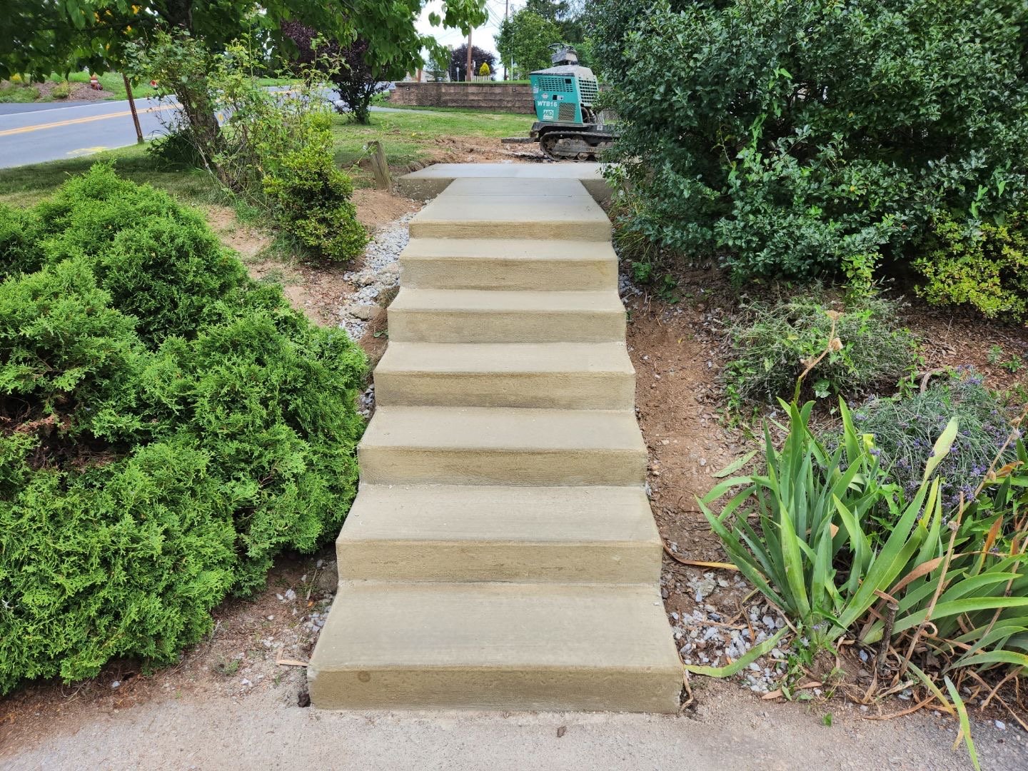Poured concrete walkway and stairway leading from a front yard down to the street