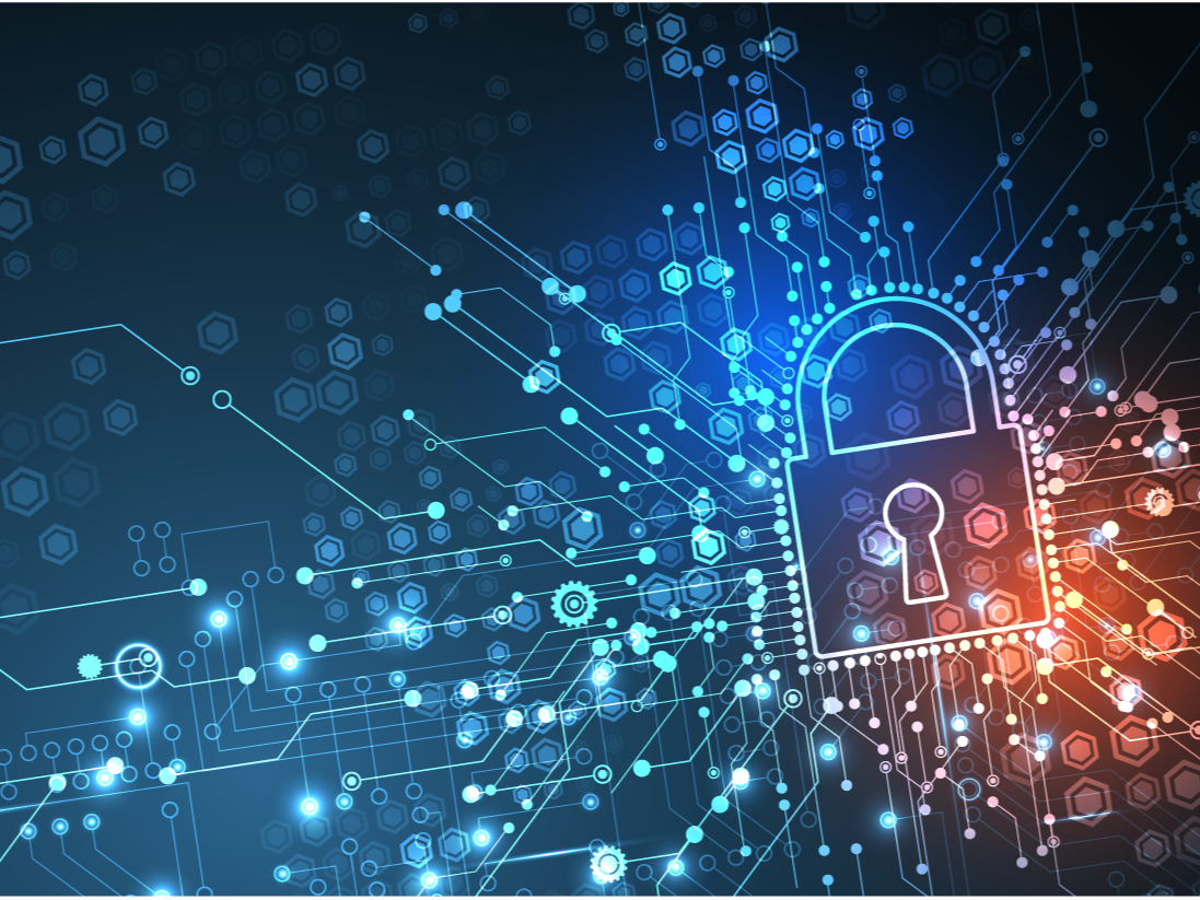 illuminated lock symbol on blue and orange background