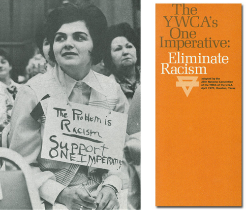 Woman holding sign that reads" the problem is racism - support one imperative.