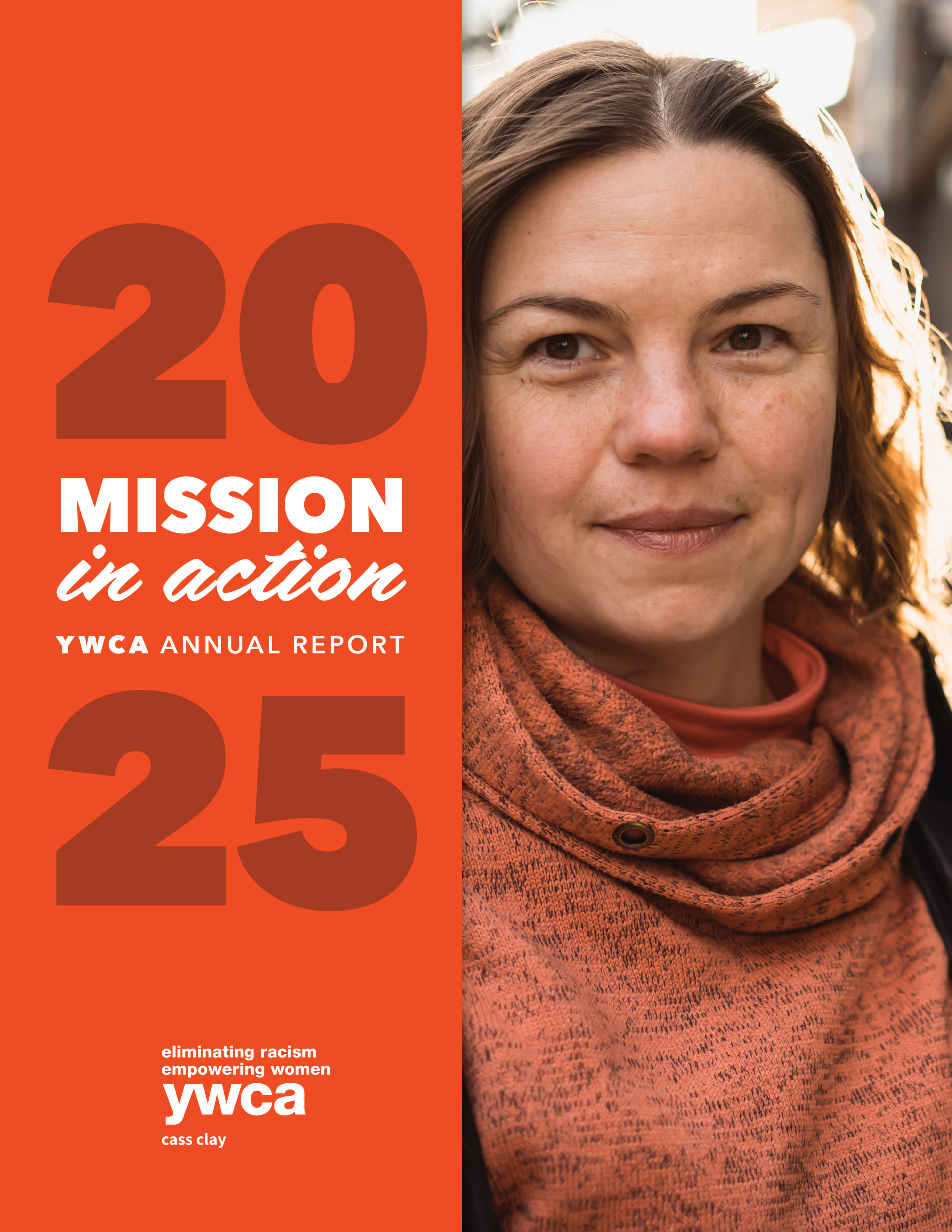 Cover page of the 2025 YWCA Annual Report with photo of woman in orange sweatshirt and words "Mission in Action"