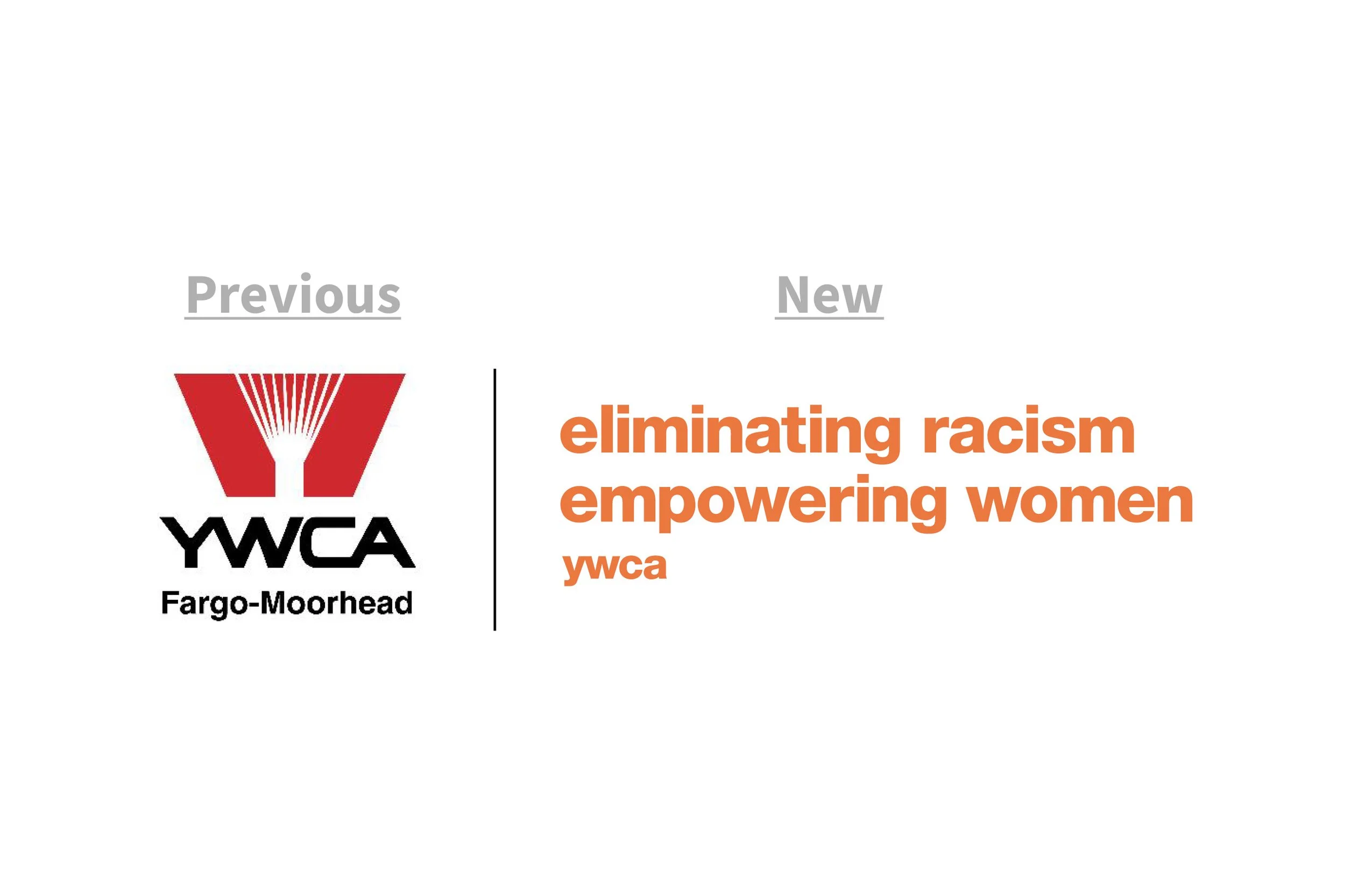Comparison graphic showing the previous and new logos of the YWCA Fargo-Moorhead, with the previous logo on the left and the new mission statement on the right.
