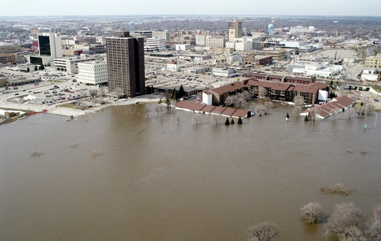 Aerial view of flooded downtown Fargo, ND