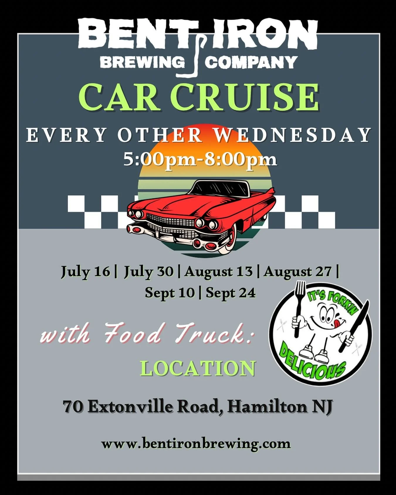 We&rsquo;re open tonight 5:00-9:00pm with our 𝐂𝐚𝐫 𝐂𝐫𝐮𝐢𝐬𝐞 happening from 5:00-8:00pm @bentironbrewing ! 🚗 

🚐 𝐈𝐭&rsquo;𝐬 𝐅𝐨𝐫𝐤𝐢𝐧𝐠 𝐃𝐞𝐥𝐢𝐜𝐢𝐨𝐮𝐬 food truck will be onsite from 4:00-8:00pm for an easy summer dinner! 

70 Extonvi