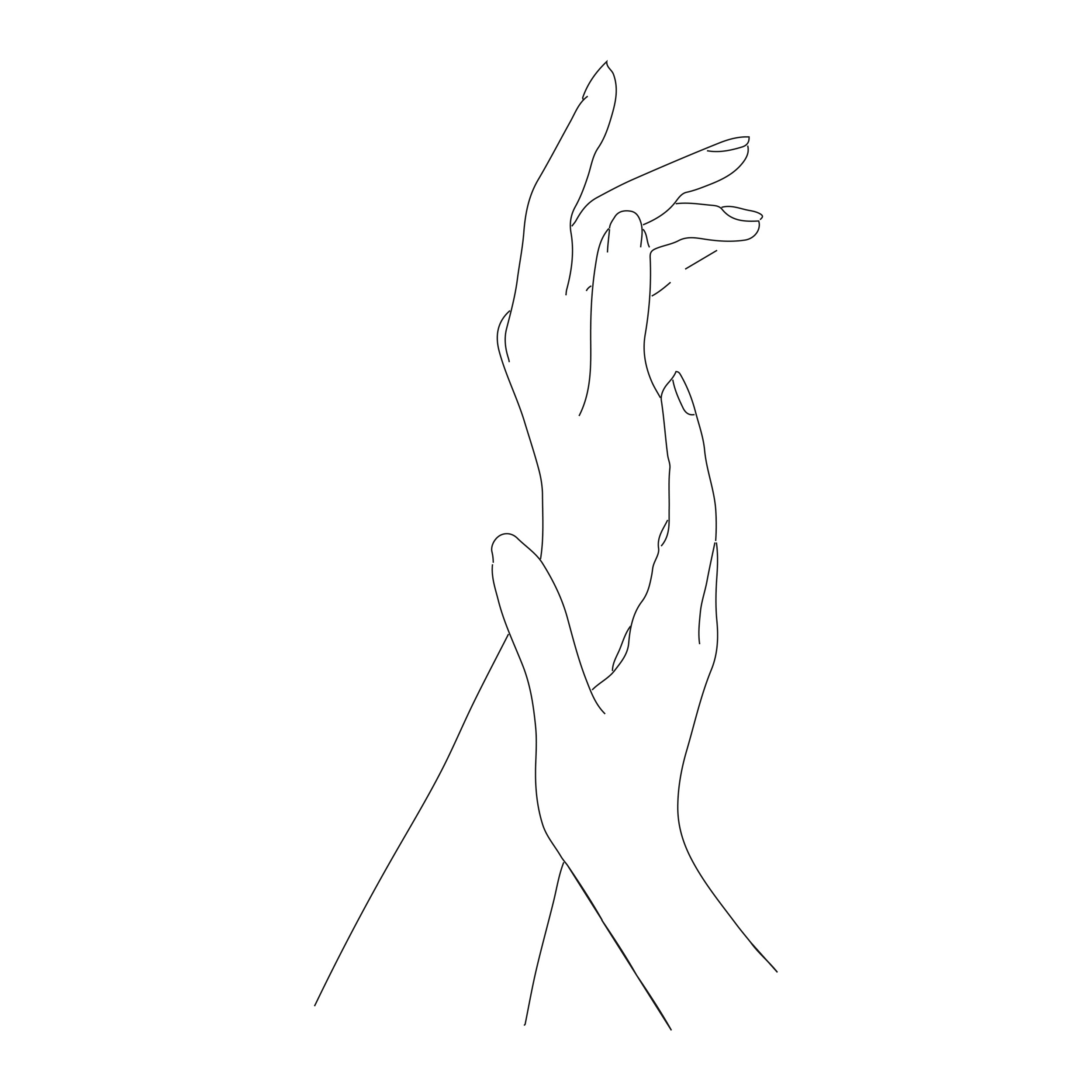 Minimalist line art illustration of two hands reaching toward each other on a translucent background.