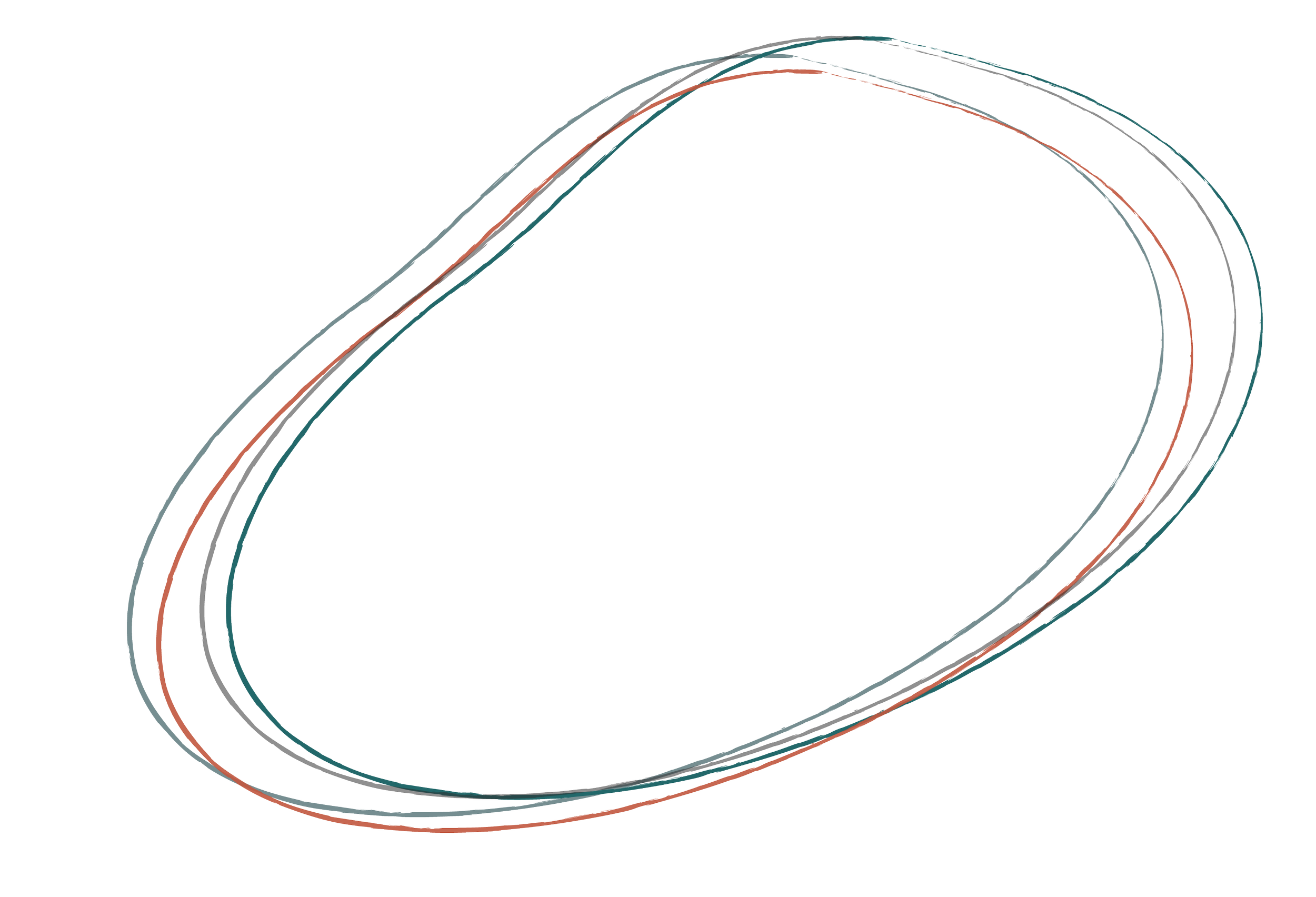 Abstract oval shape made of overlapping hand-drawn lines in teal, black, and orange on a white background.