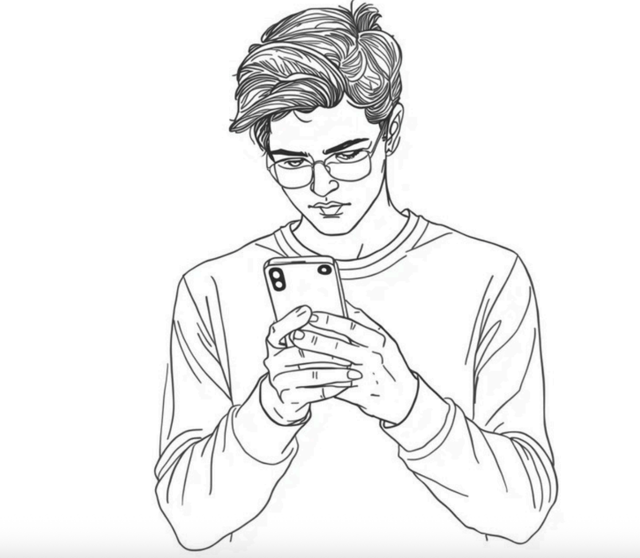 Line drawing of a man holding an iPhone and being distracted by it.