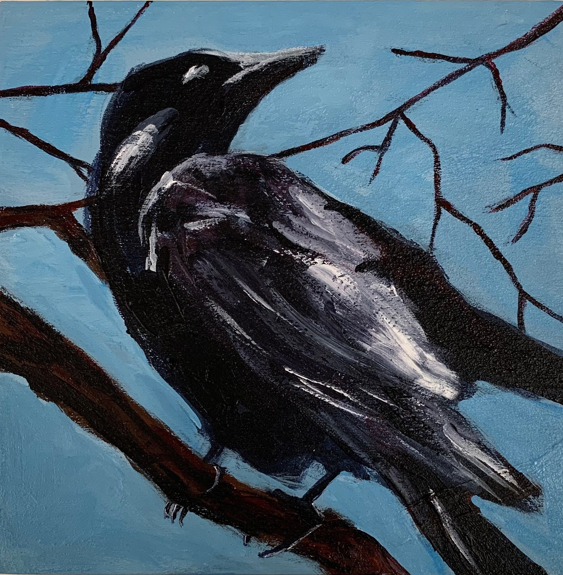 "Corvid"
Acrylic on cradled wooden board. 6"x6"
