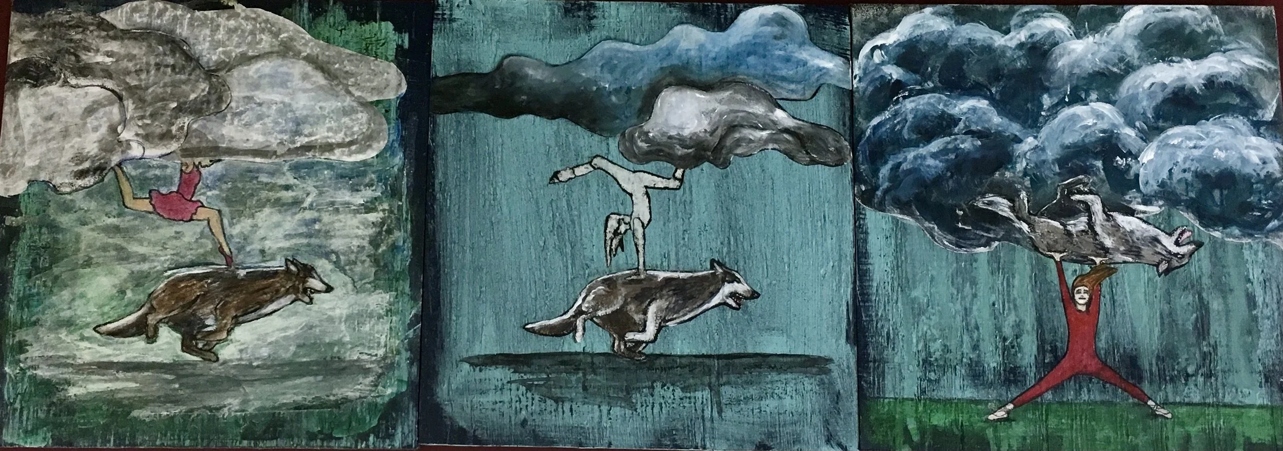 "Dancers."
Collage, monoprint, acrylic on reclaimed wood. 9"x10"