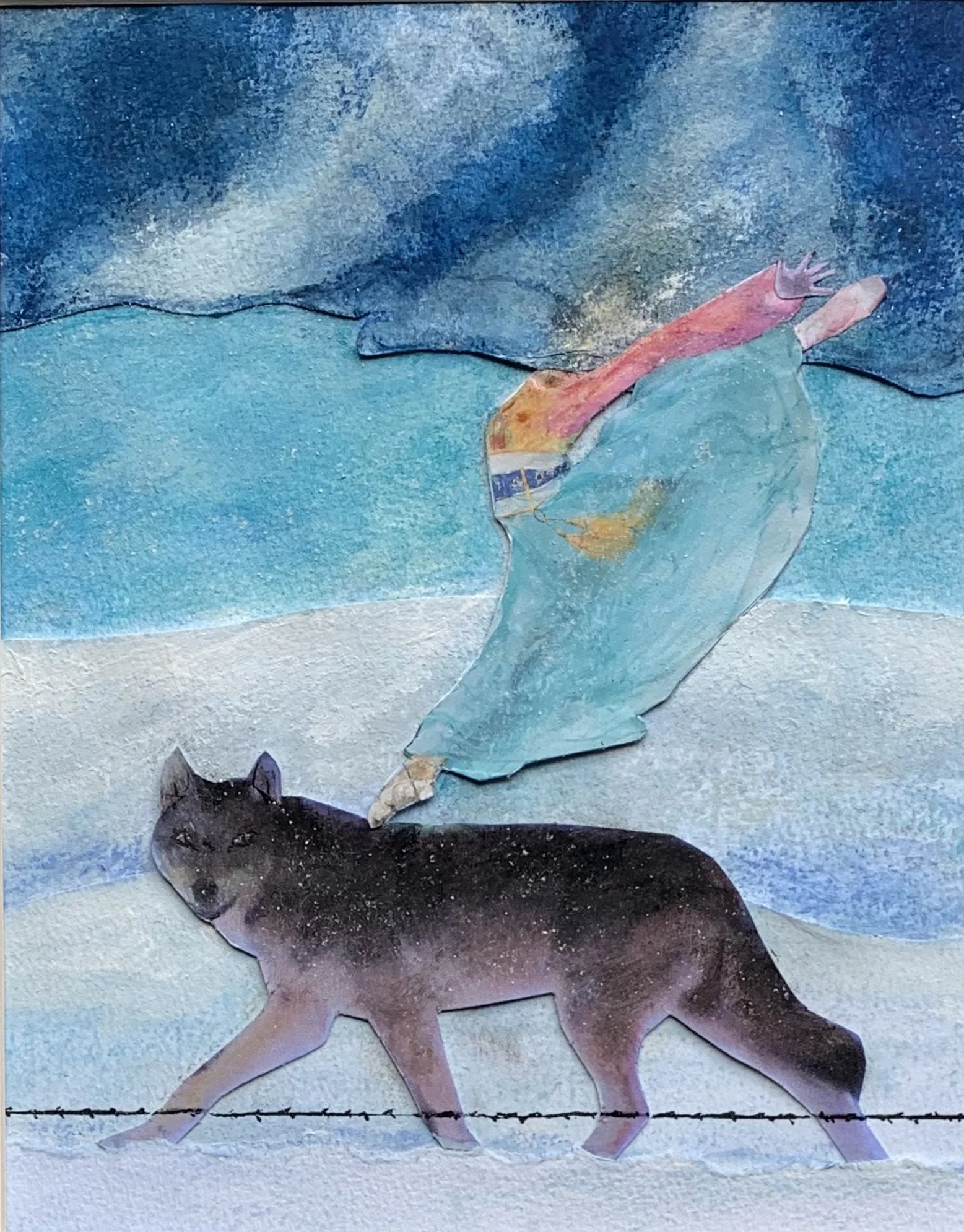 "Dancer with Her Head in the Clouds."
Chalk pastel, collage on paper.
8"x9.5" framed