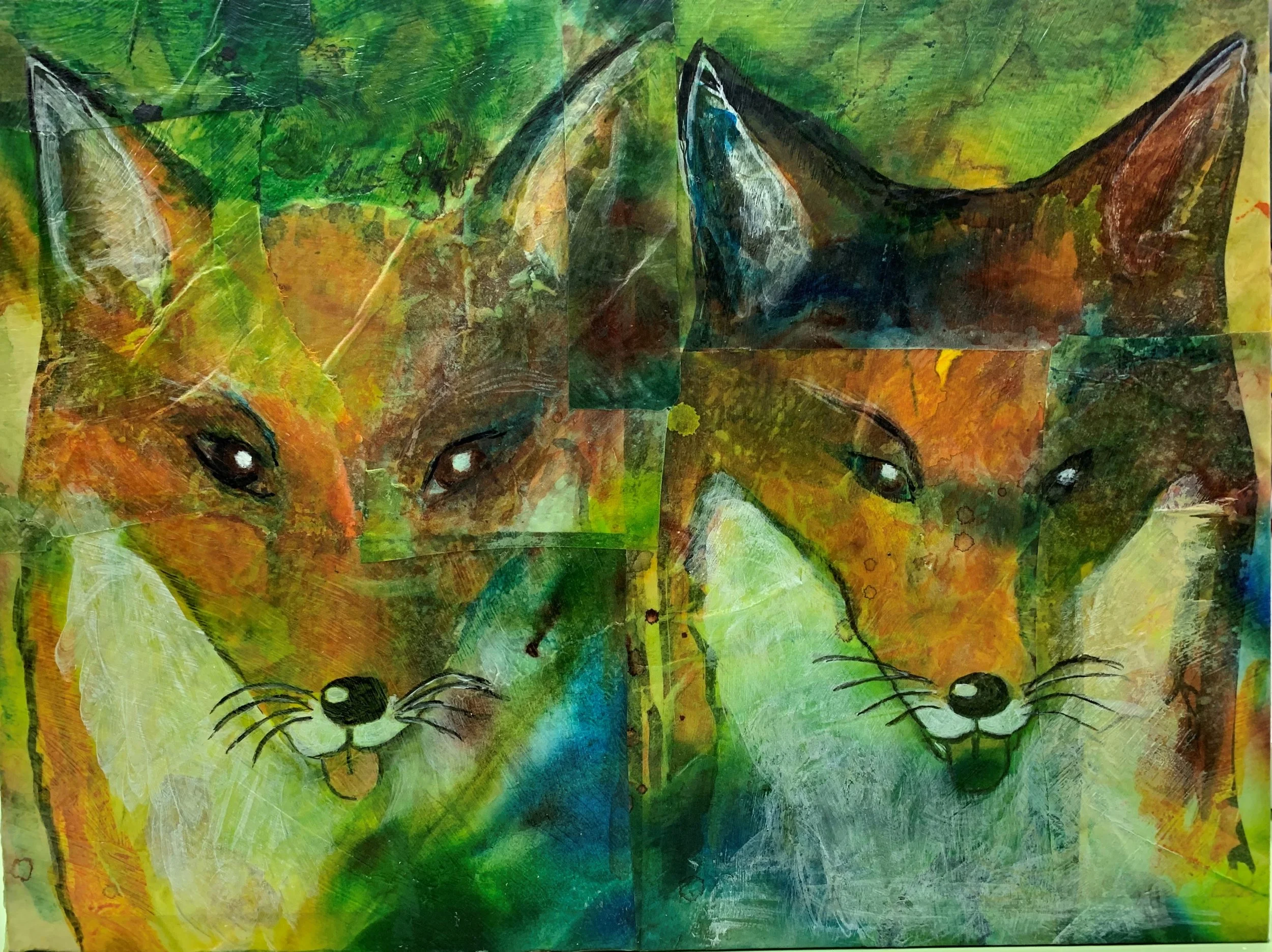 "Kitsune and Mr. Fox"
Mixed media, ink, acrylic, mulberry paper on cradled wooden panel. 16"x12"