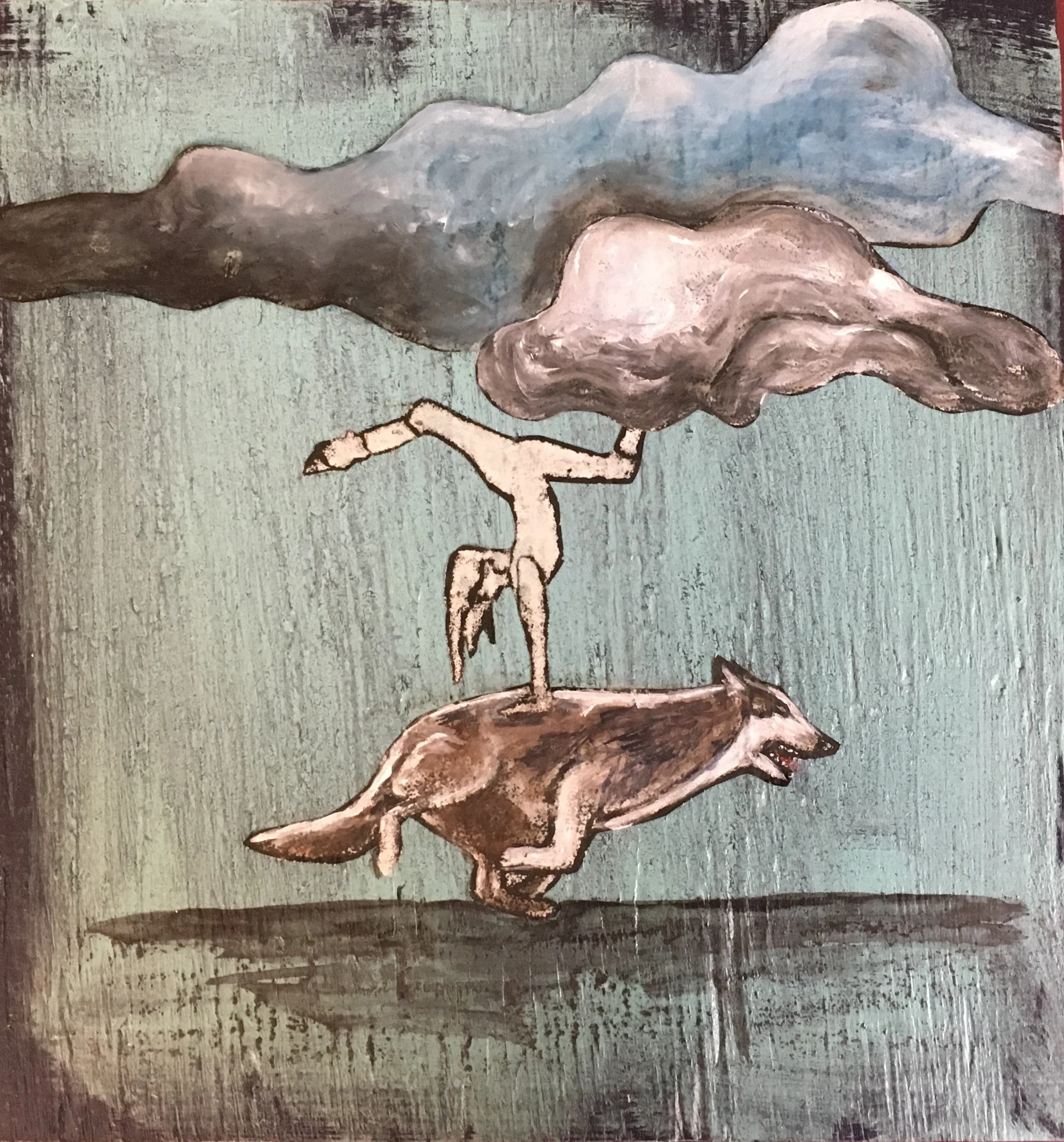 "Dancer with One Foot in the Clouds"
Mixed media, collage, monoprint, acrylic on reclaimed wood. 9"x10"