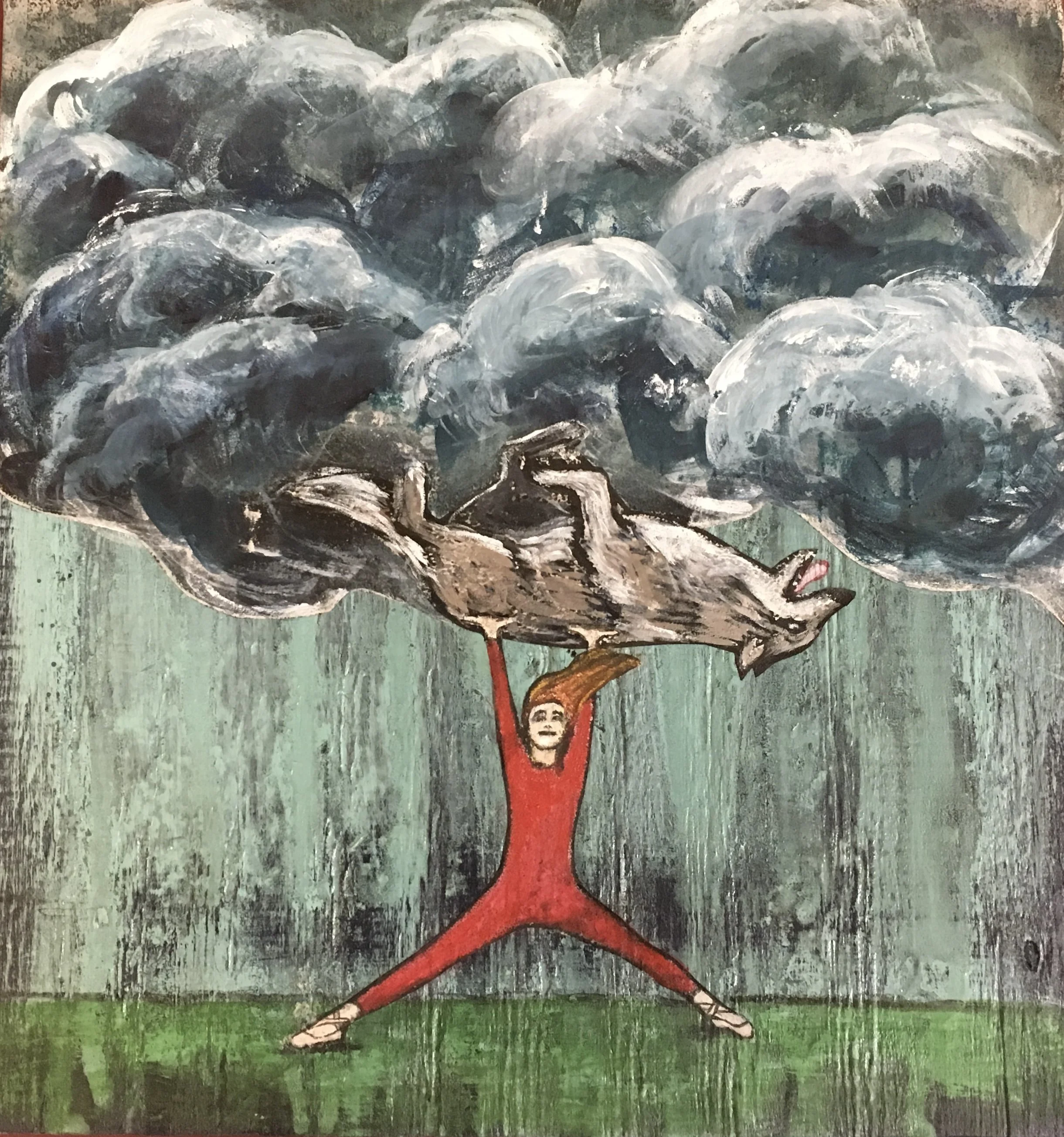 "Dancer with Her Feet on the Ground."
Mixed media, collage, monoprint, acrylic on reclaimed wood. 9"x10"