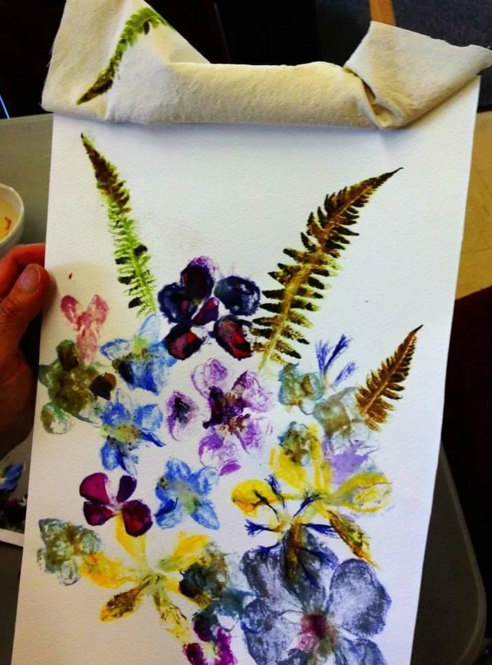 Flower Printing all ages workshop at Britannia Community Centre. We printed on both fabric and paper.