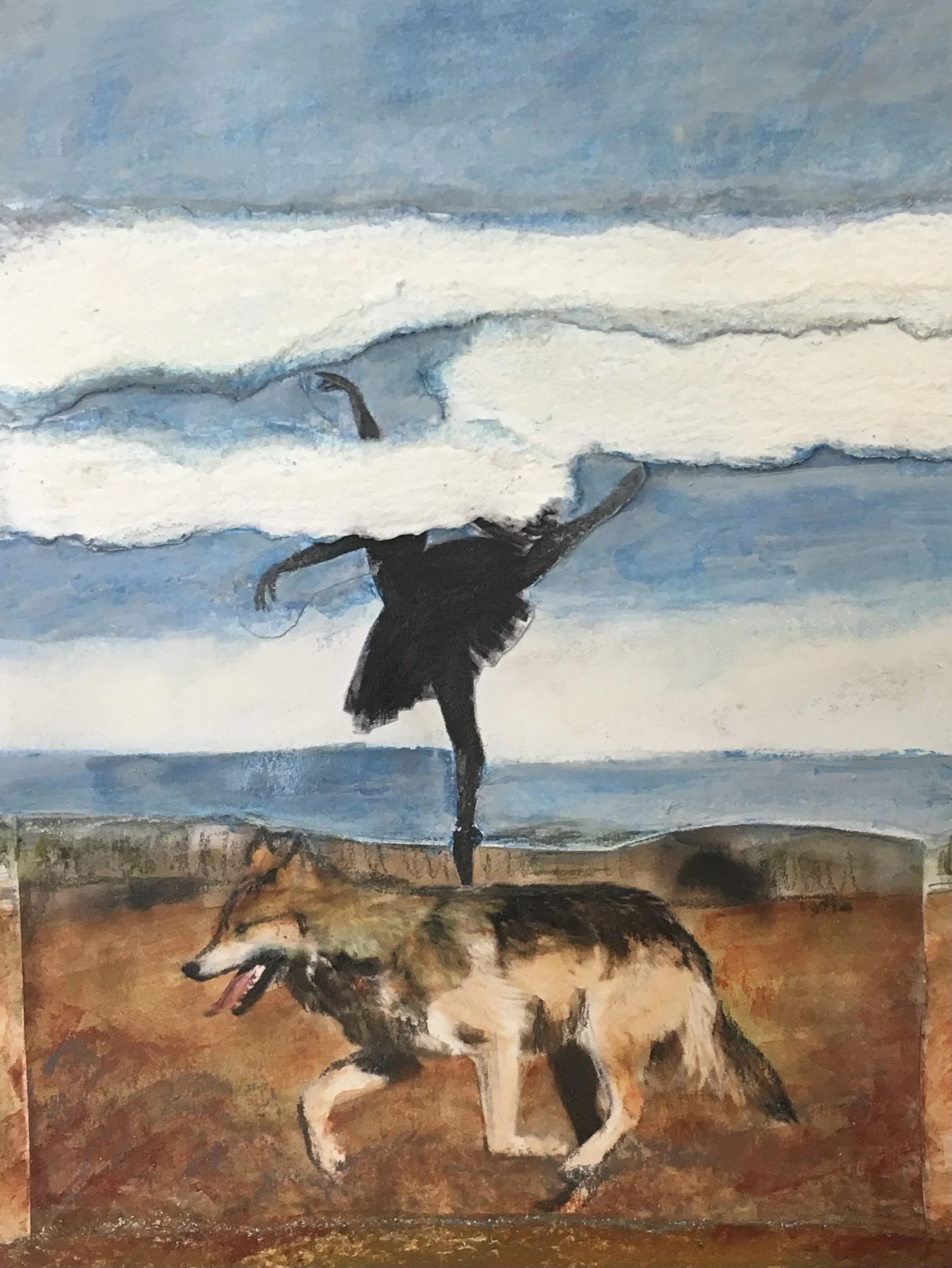 "Dancer with Her Head in the Clouds."
Oil pastel, collage on paper.
5"x7"